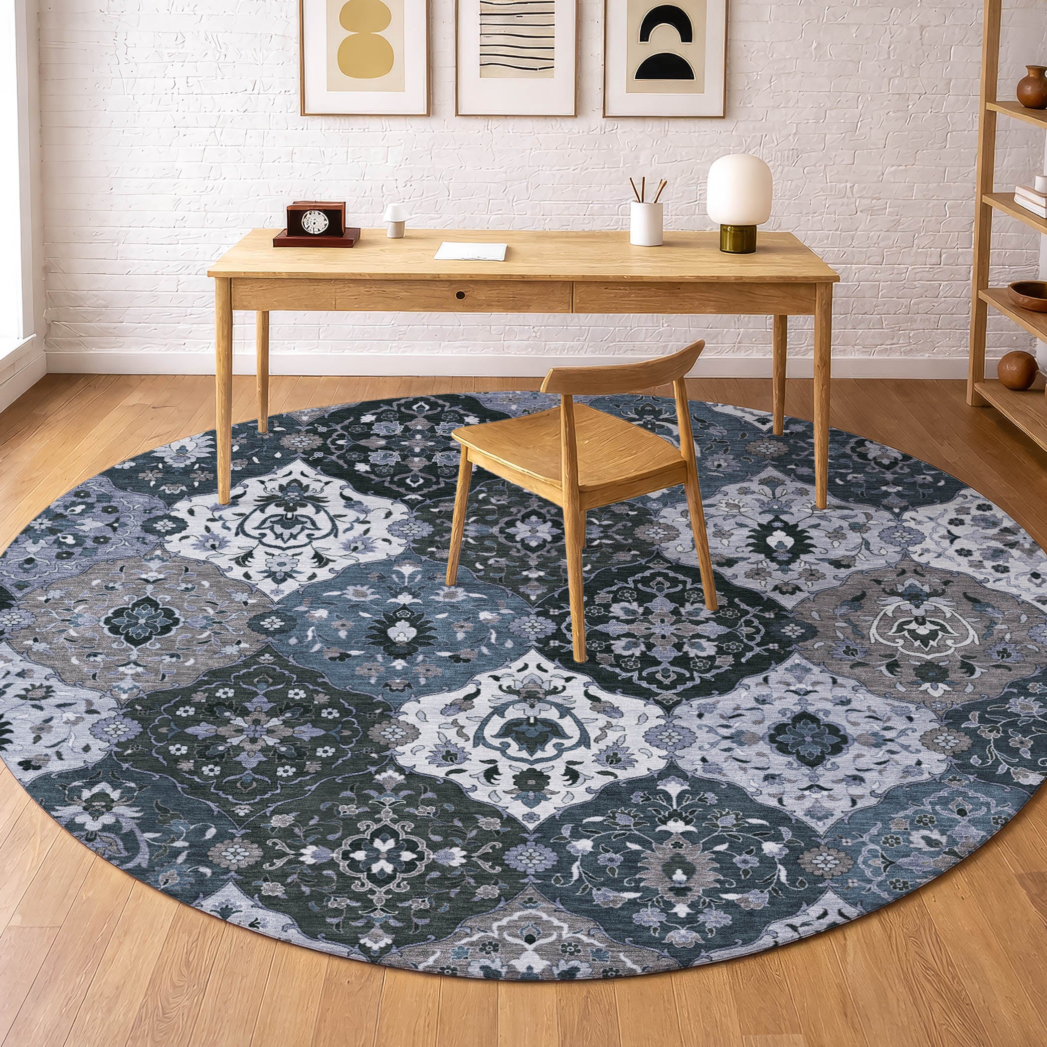 Oslo Machine Washable Transitional Denim Blue Rug 8' x 8' #shape_Round