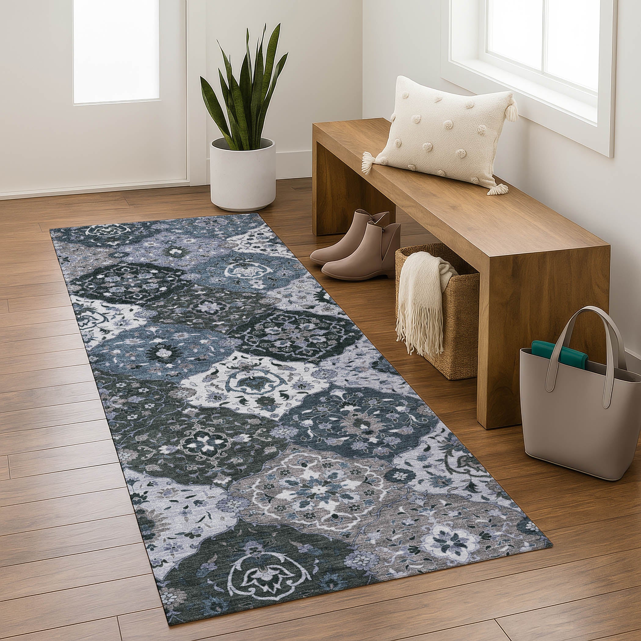 Oslo Machine Washable Transitional Denim Blue Rug 2'3" x 7'6" #shape_Runner