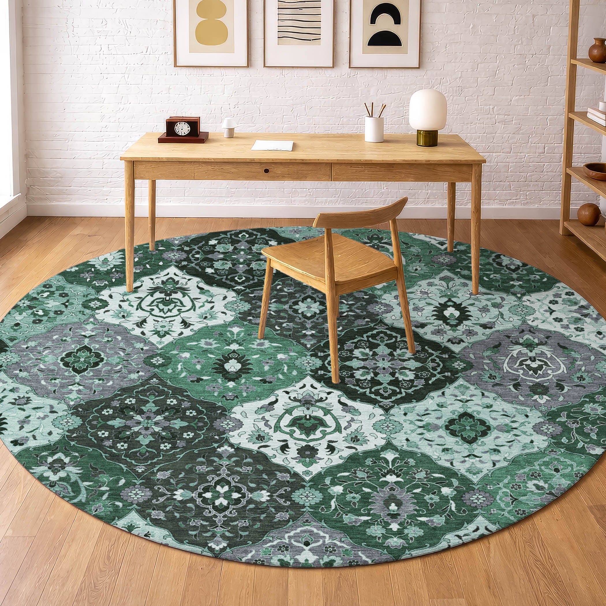 Oslo Machine Washable Transitional Green Rug 8' x 8' #shape_Round