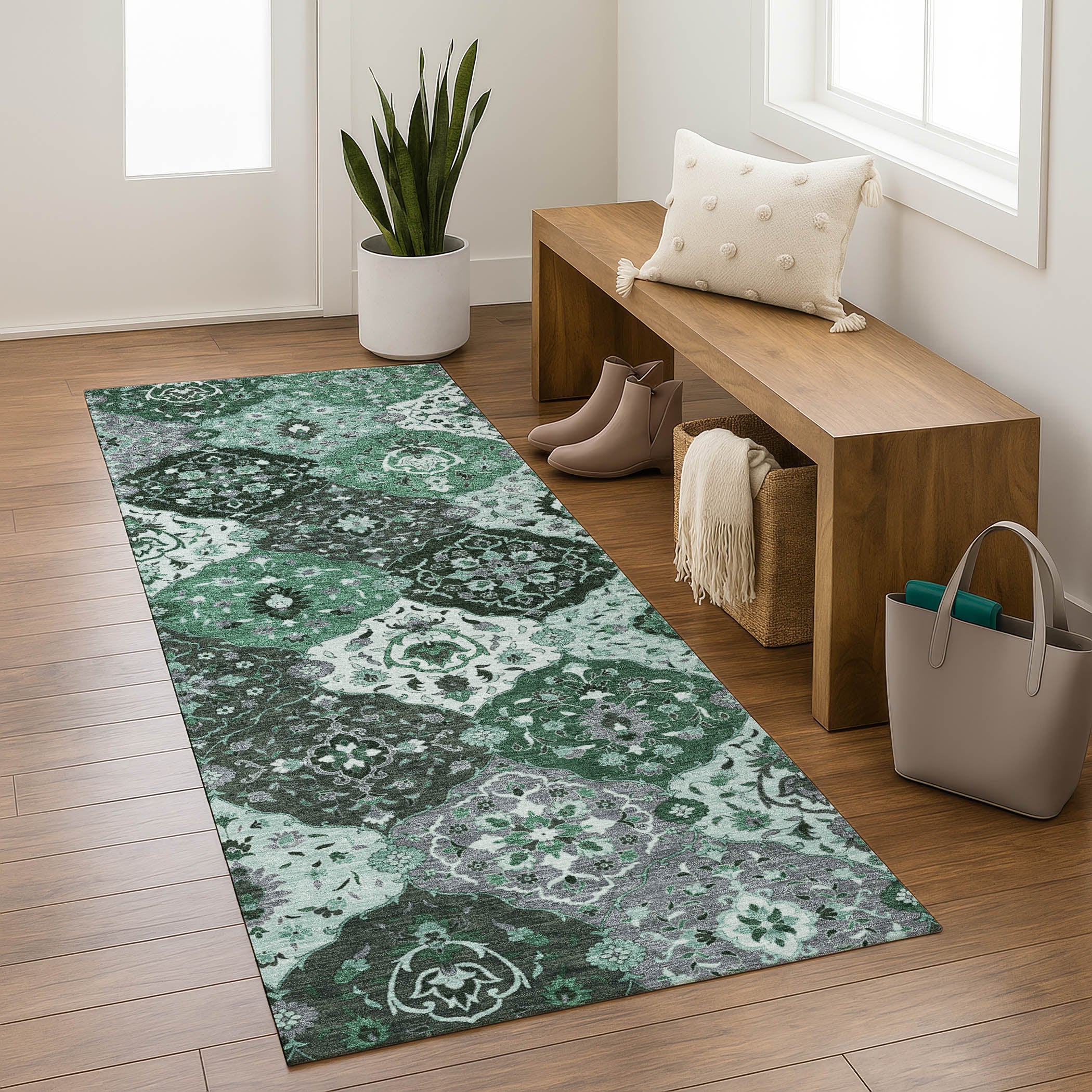 Oslo Machine Washable Transitional Green Rug 2'3" x 7'6" #shape_Runner