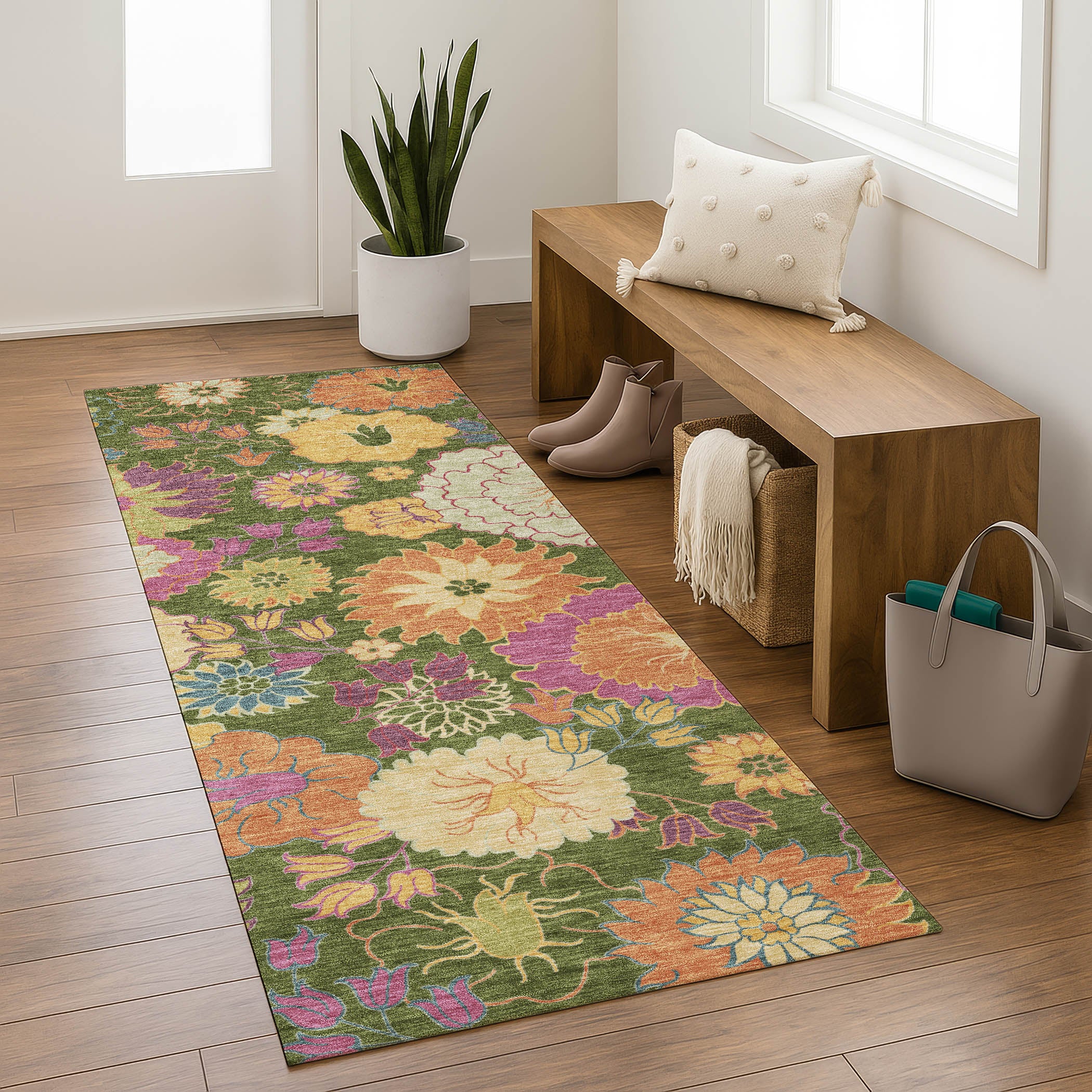 Bangkok Machine Washable Transitional Aloe Green Rug 2'3" x 7'6" #shape_Runner
