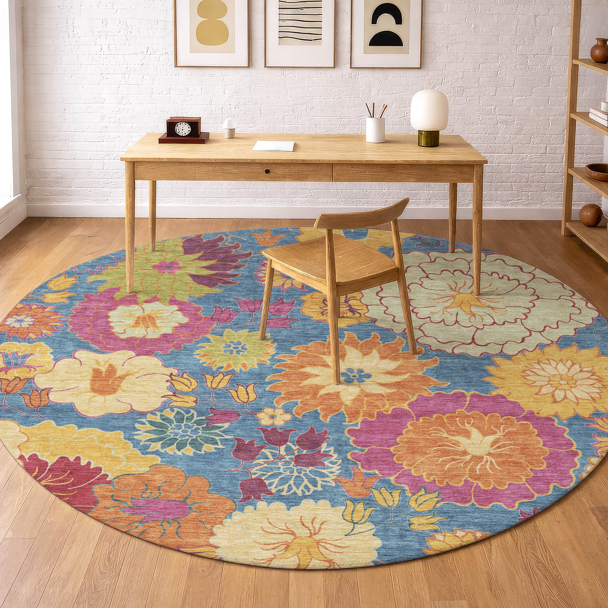 Bangkok Machine Washable Transitional Blue Rug 8' x 8' #shape_Round