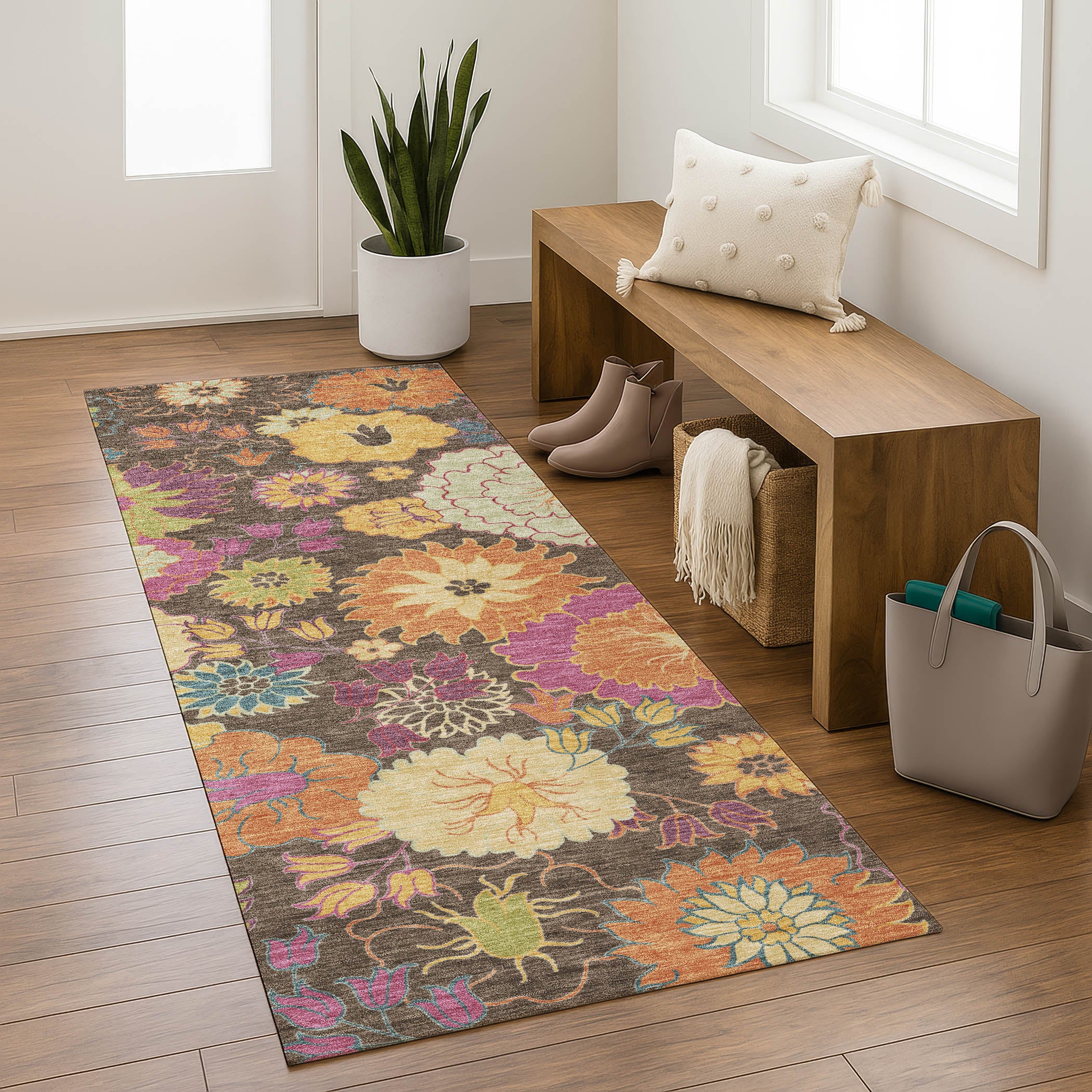 Bangkok Machine Washable Transitional Chocolate Brown Rug 2'3" x 7'6" #shape_Runner