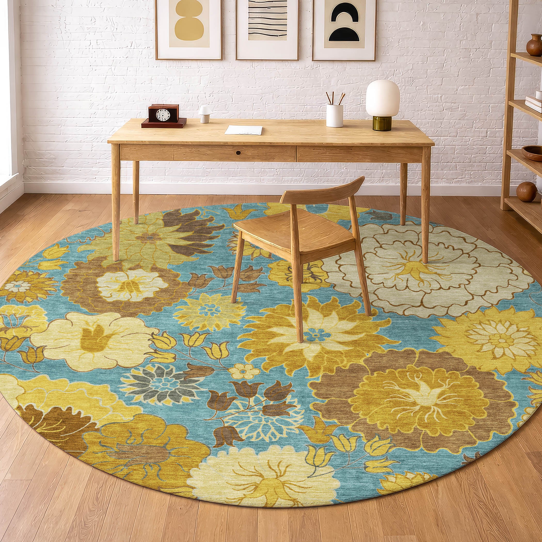 Istanbul Machine Washable Transitional Aqua Teal Rug 8' x 8' #shape_Round