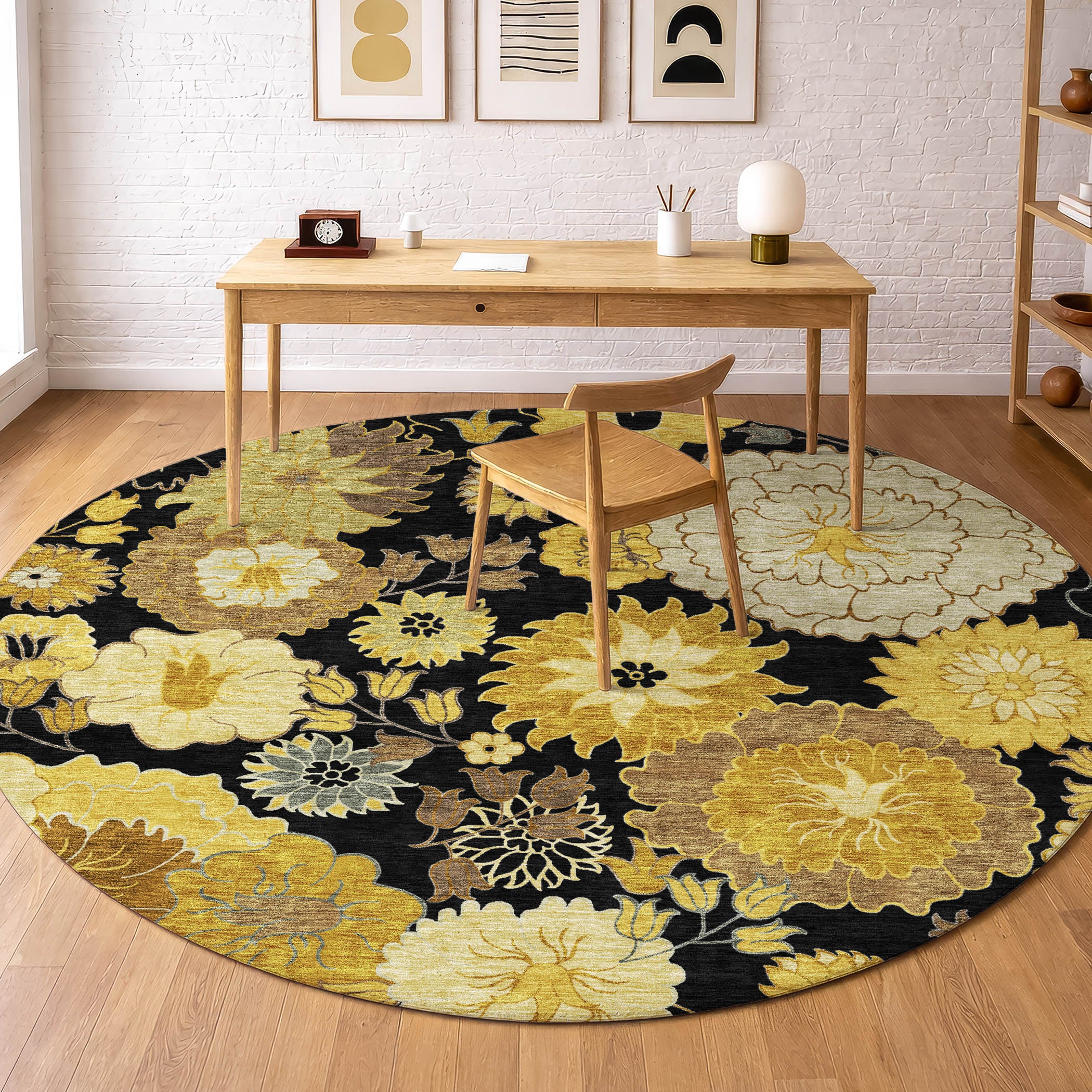 Istanbul Machine Washable Transitional Black Rug 8' x 8' #shape_Round