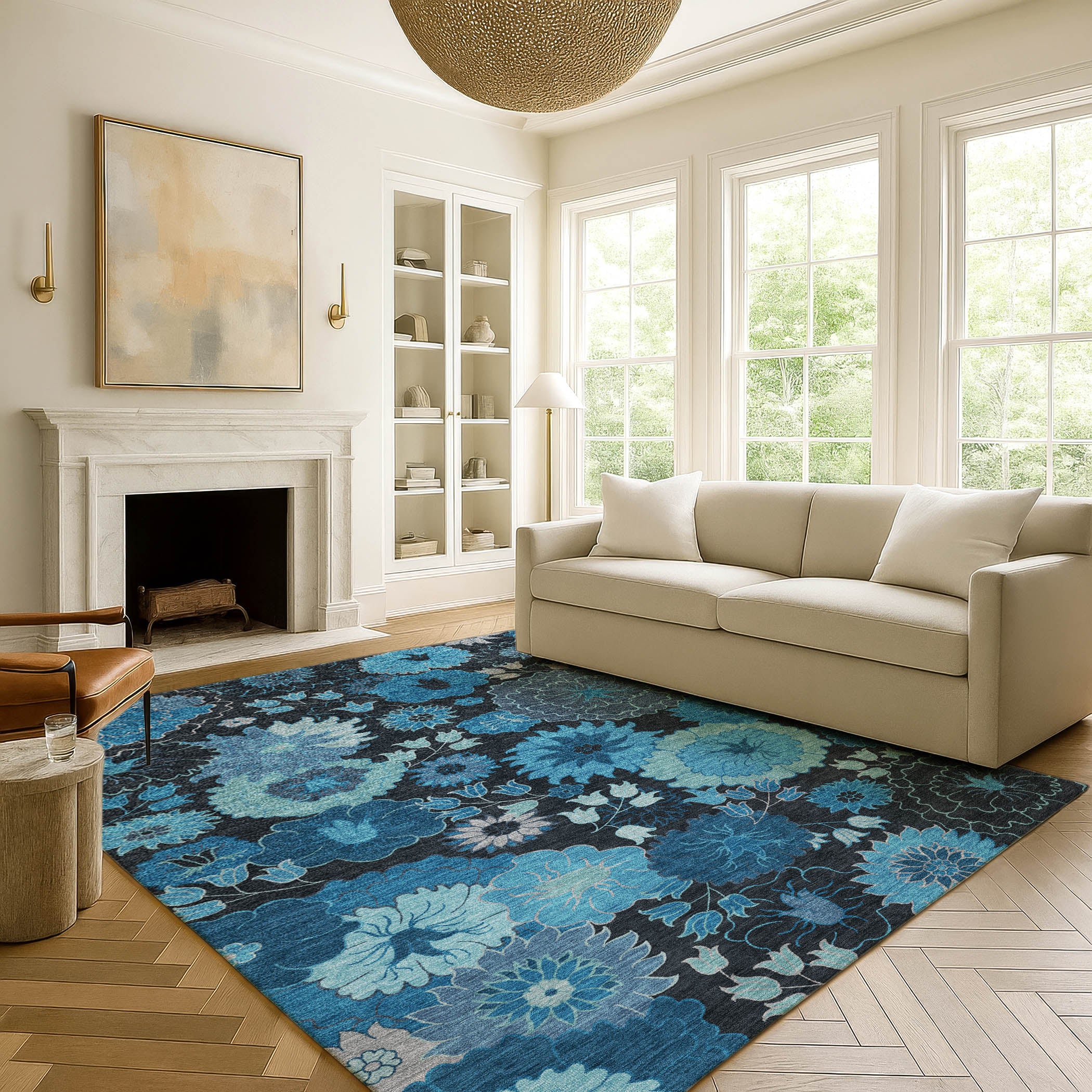 Luang Prabang Machine Washable Transitional Blue Rug 3' x 5' #shape_Rectangle