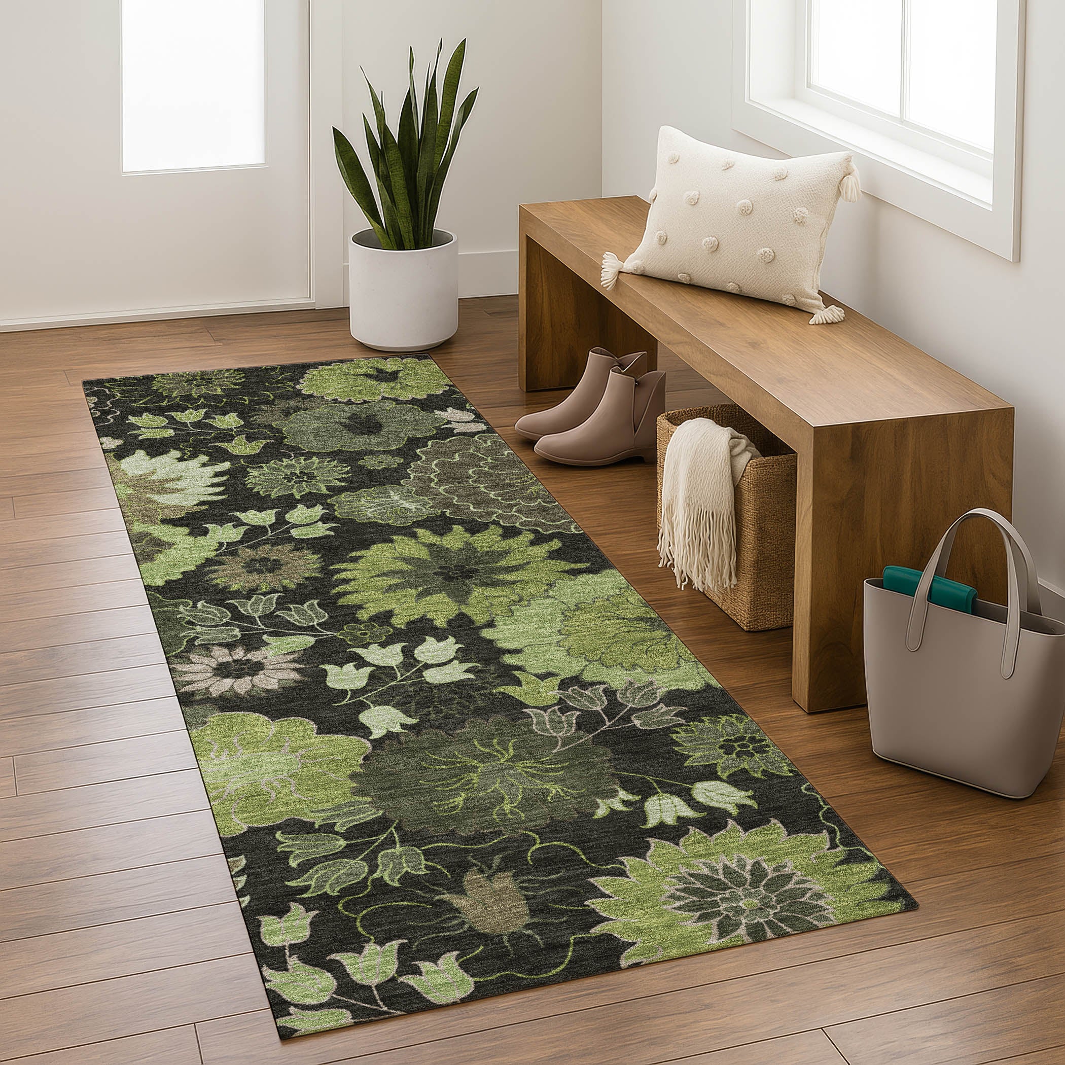 Luang Prabang Machine Washable Transitional Green Rug 2'3" x 7'6" #shape_Runner
