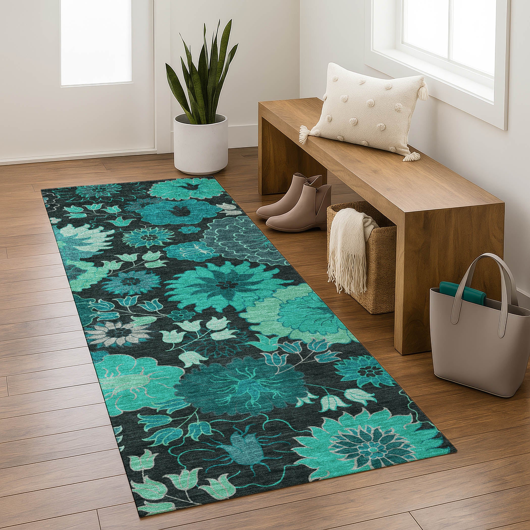 Luang Prabang Machine Washable Transitional Teal Rug 2'3" x 7'6" #shape_Runner