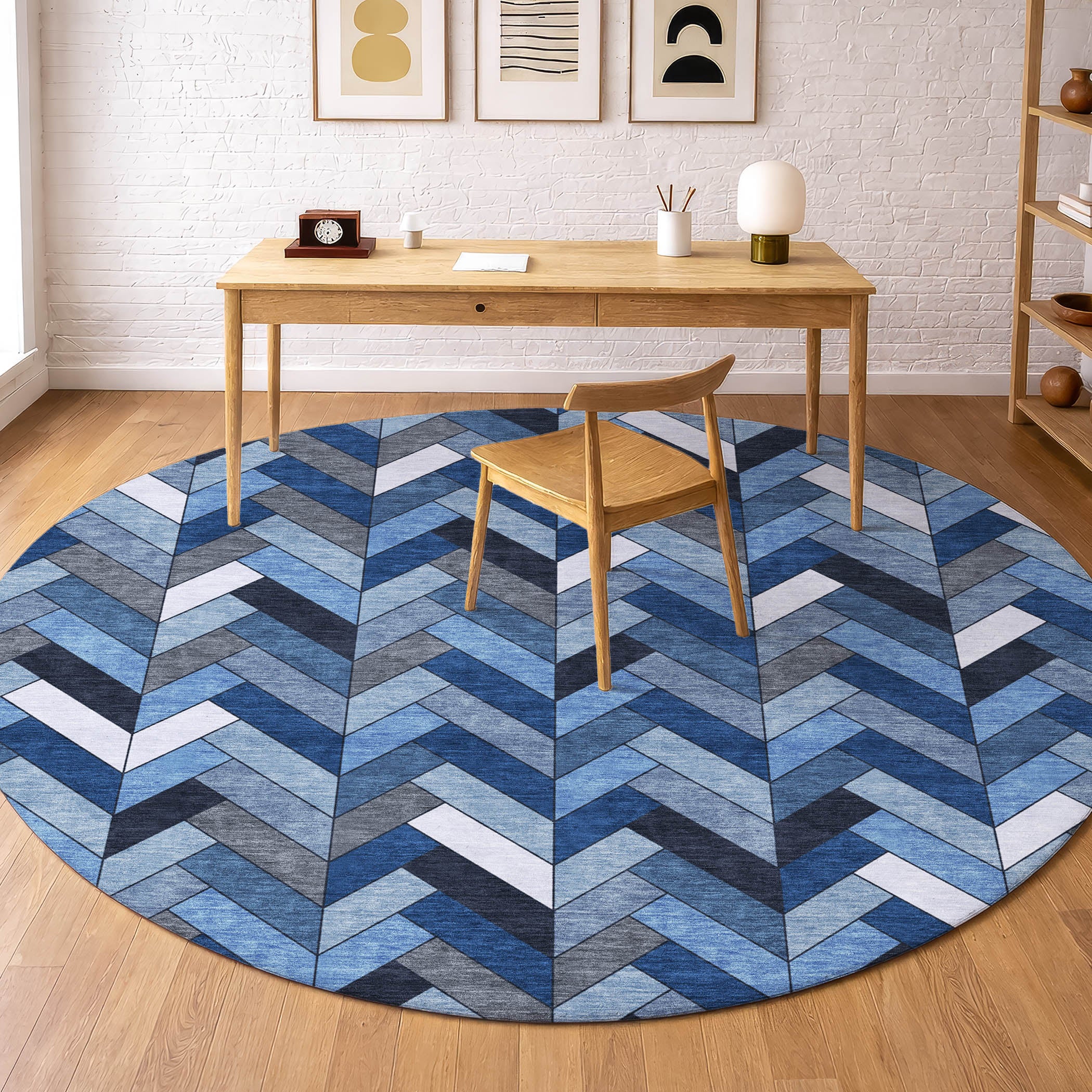 Cairo Machine Washable Transitional Blue Rug 8' x 8' #shape_Round
