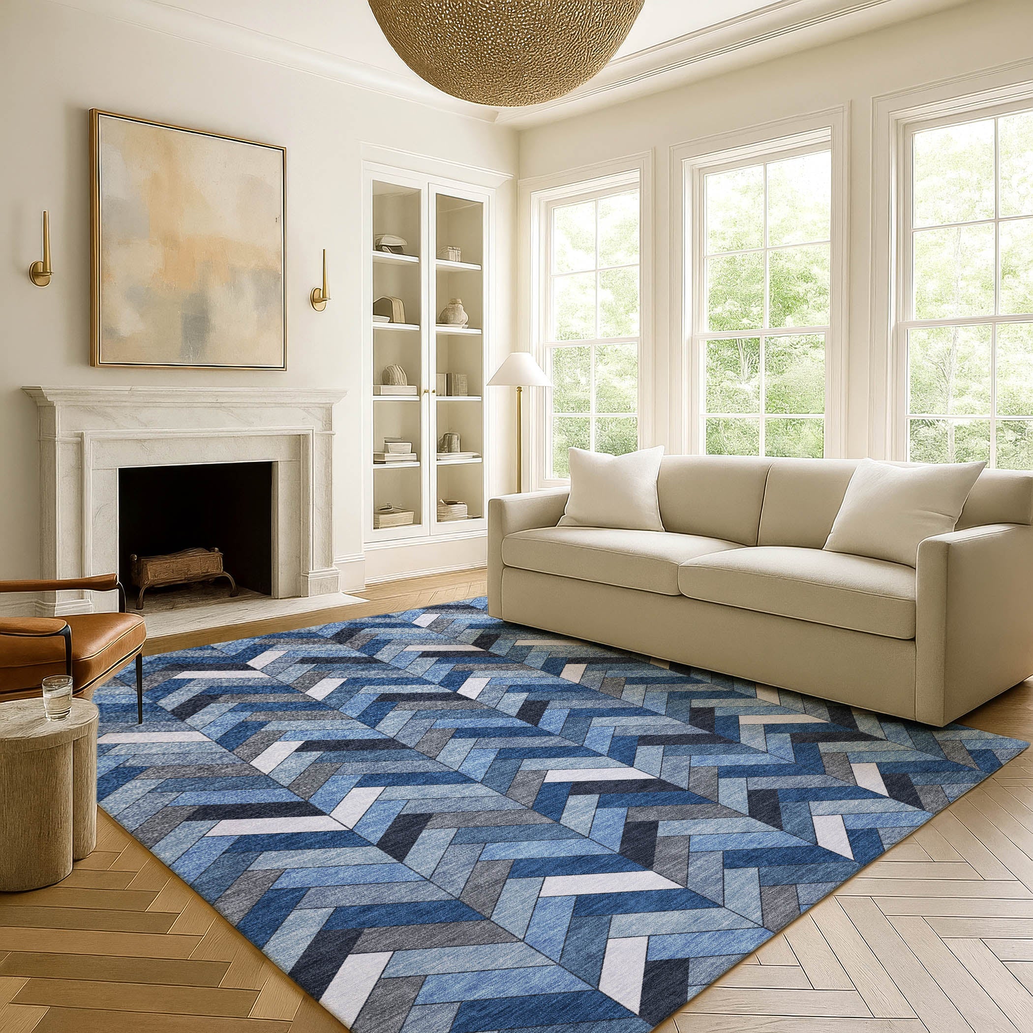 Cairo Machine Washable Transitional Blue Rug 3' x 5' #shape_Rectangle