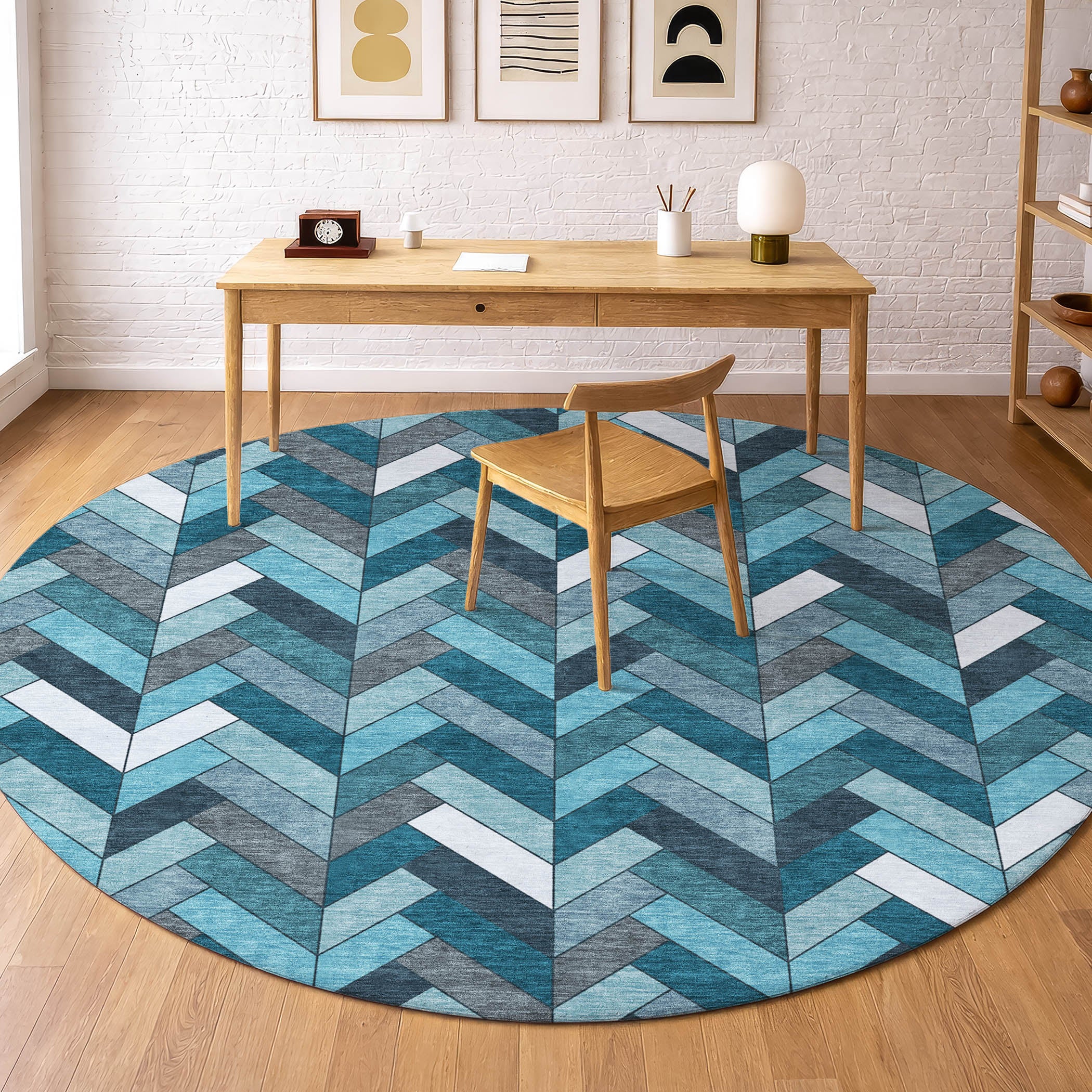 Cairo Machine Washable Transitional Teal Rug 8' x 8' #shape_Round