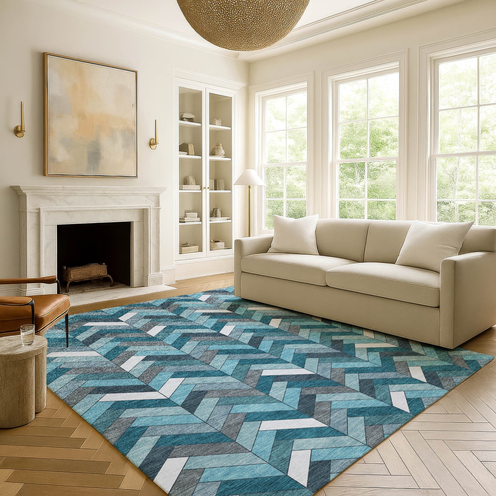 Cairo Machine Washable Transitional Teal Rug 3' x 5' #shape_Rectangle