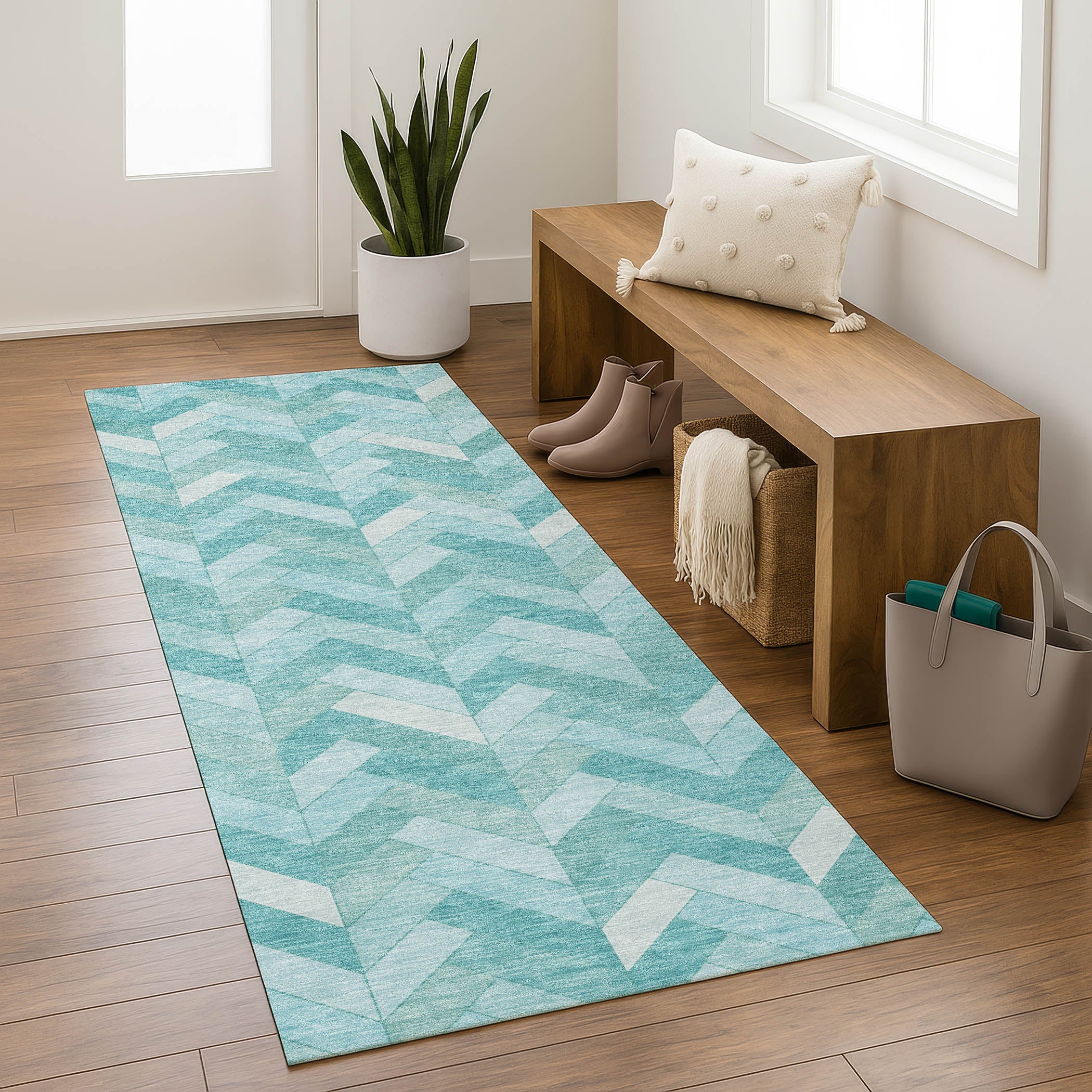 Bangkok Machine Washable Transitional Aqua Teal Rug 2'3" x 7'6" #shape_Runner