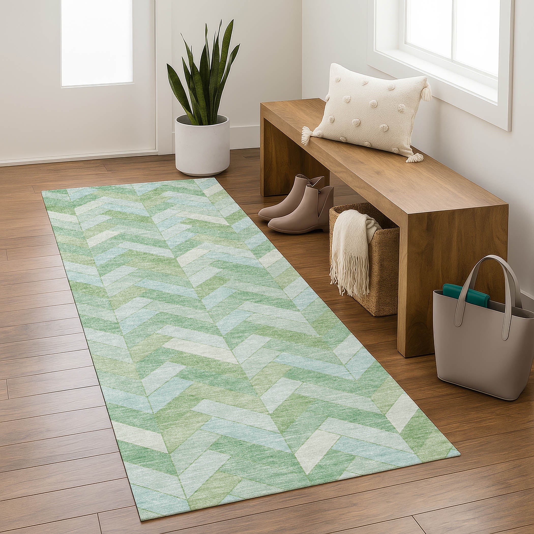 Bangkok Machine Washable Transitional Green Rug 2'3" x 7'6" #shape_Runner