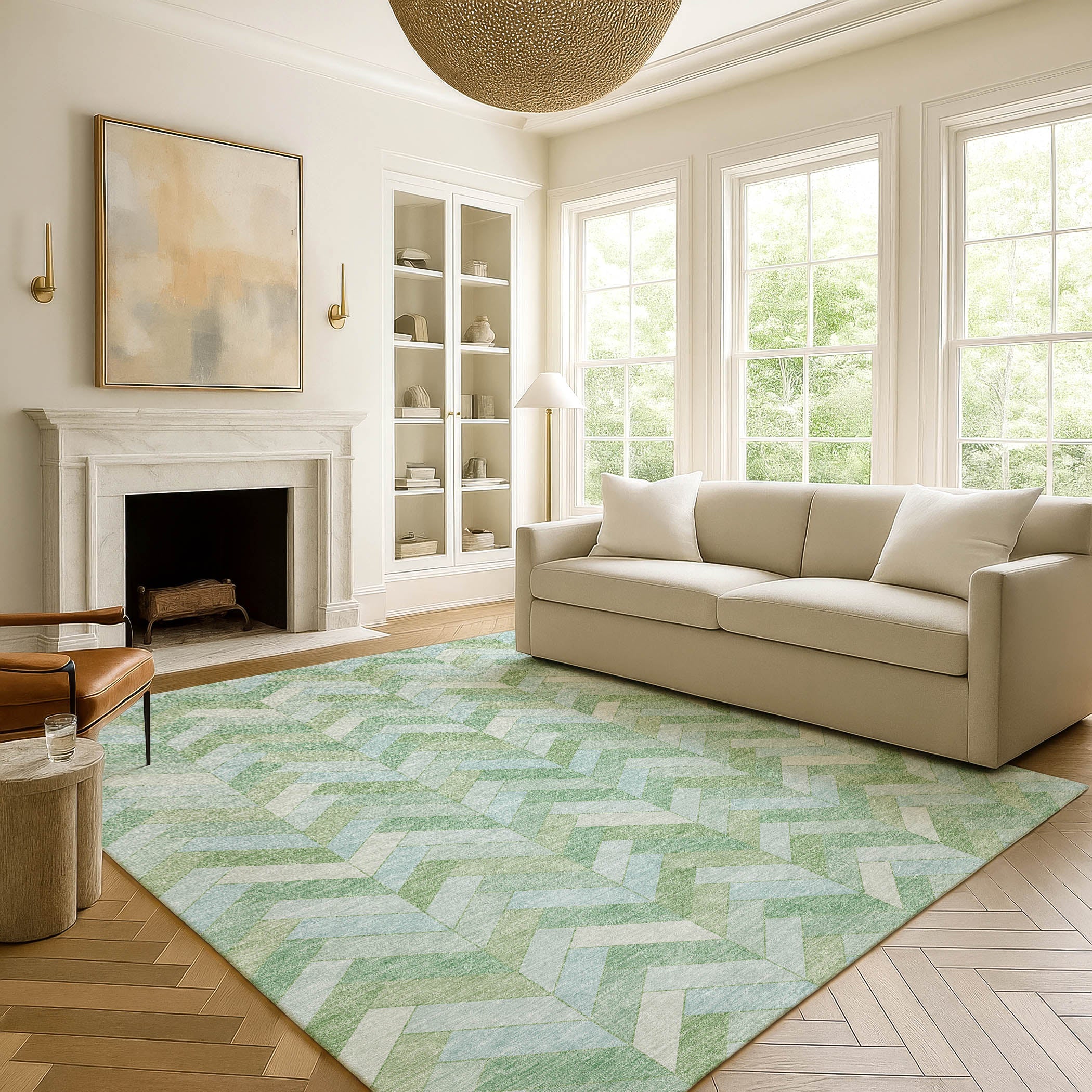 Bangkok Machine Washable Transitional Green Rug 3' x 5' #shape_Rectangle