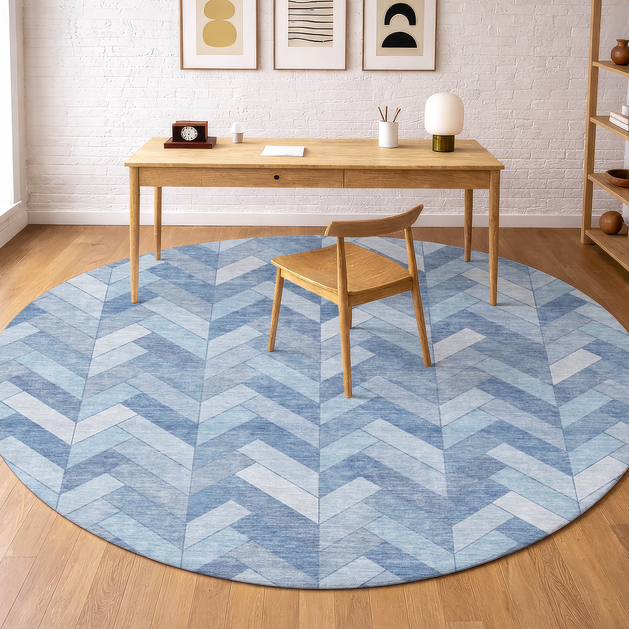 Bangkok Machine Washable Transitional Sky Blue Rug 8' x 8' #shape_Round
