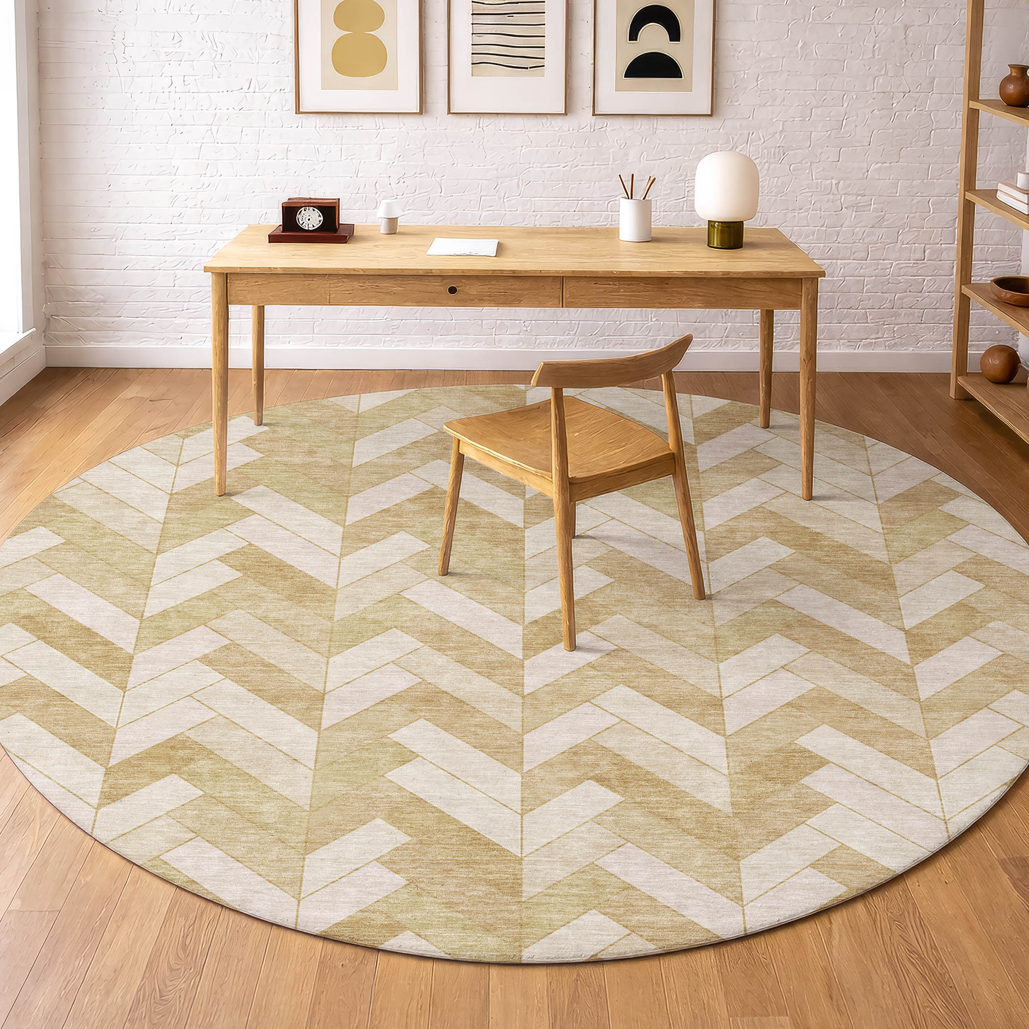 Bangkok Machine Washable Transitional Wheat Gold Rug 8' x 8' #shape_Round