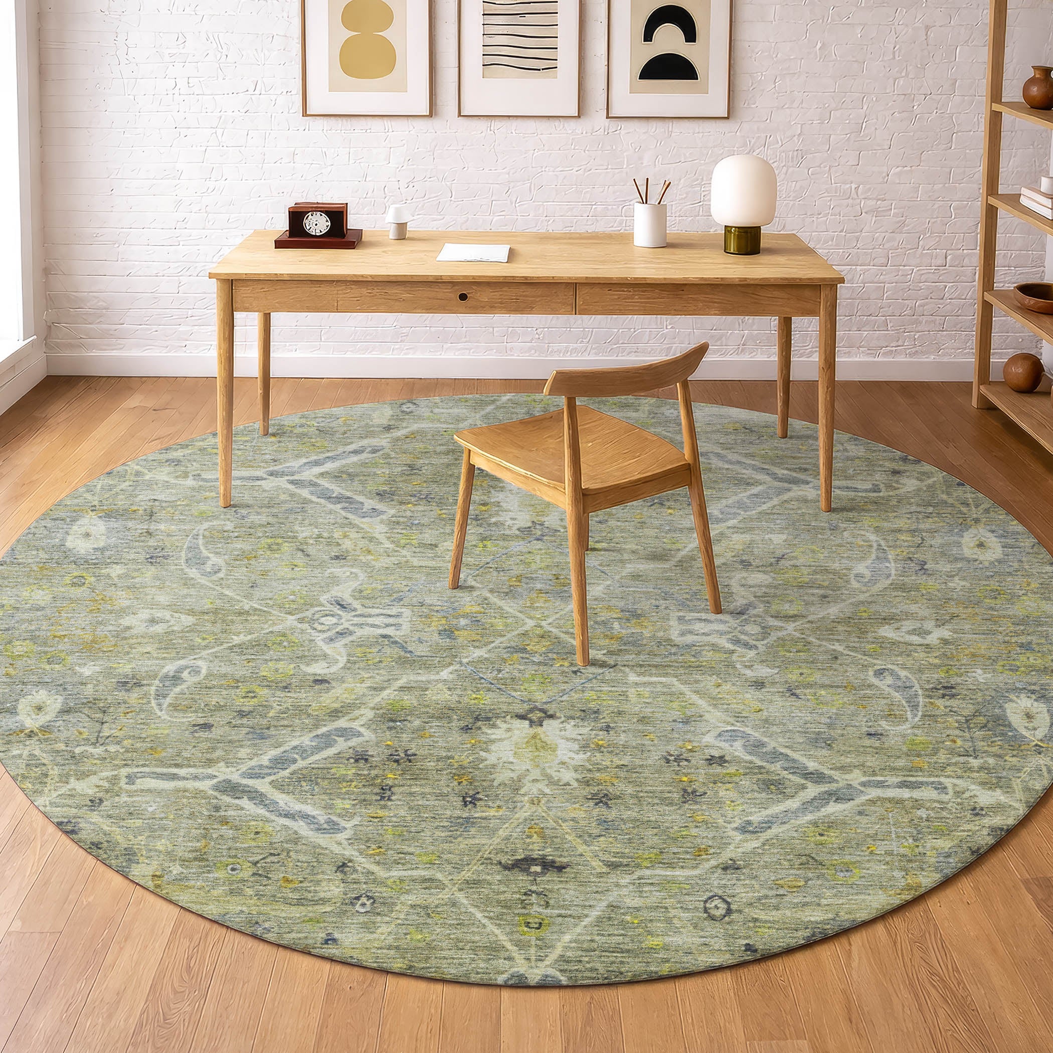 Athens Machine Washable Traditional Aloe Green Rug 8' x 8' #shape_Round