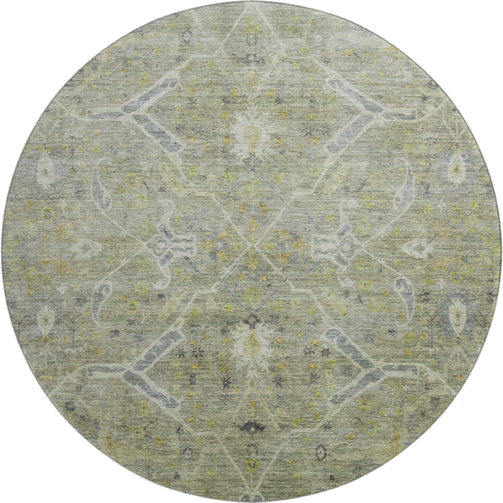Athens Machine Washable Traditional Aloe Green Rug 8' x 8' #shape_Round