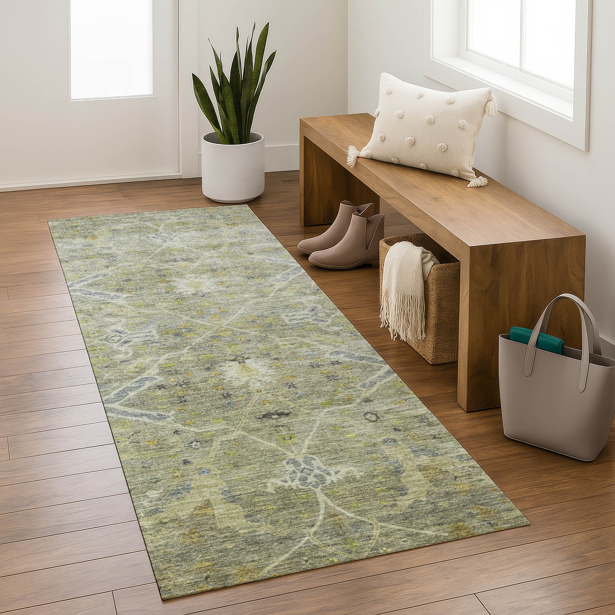 Athens Machine Washable Traditional Aloe Green Rug 2'3" x 7'6" #shape_Runner