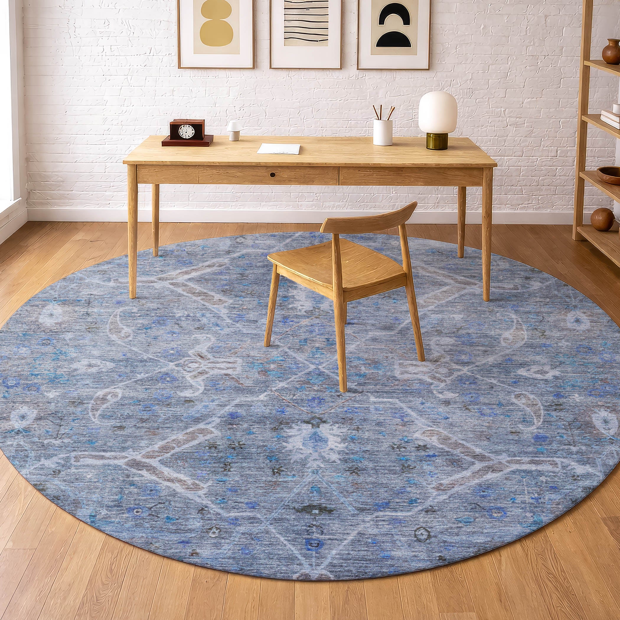 Athens Machine Washable Traditional Blue Rug 8' x 8' #shape_Round