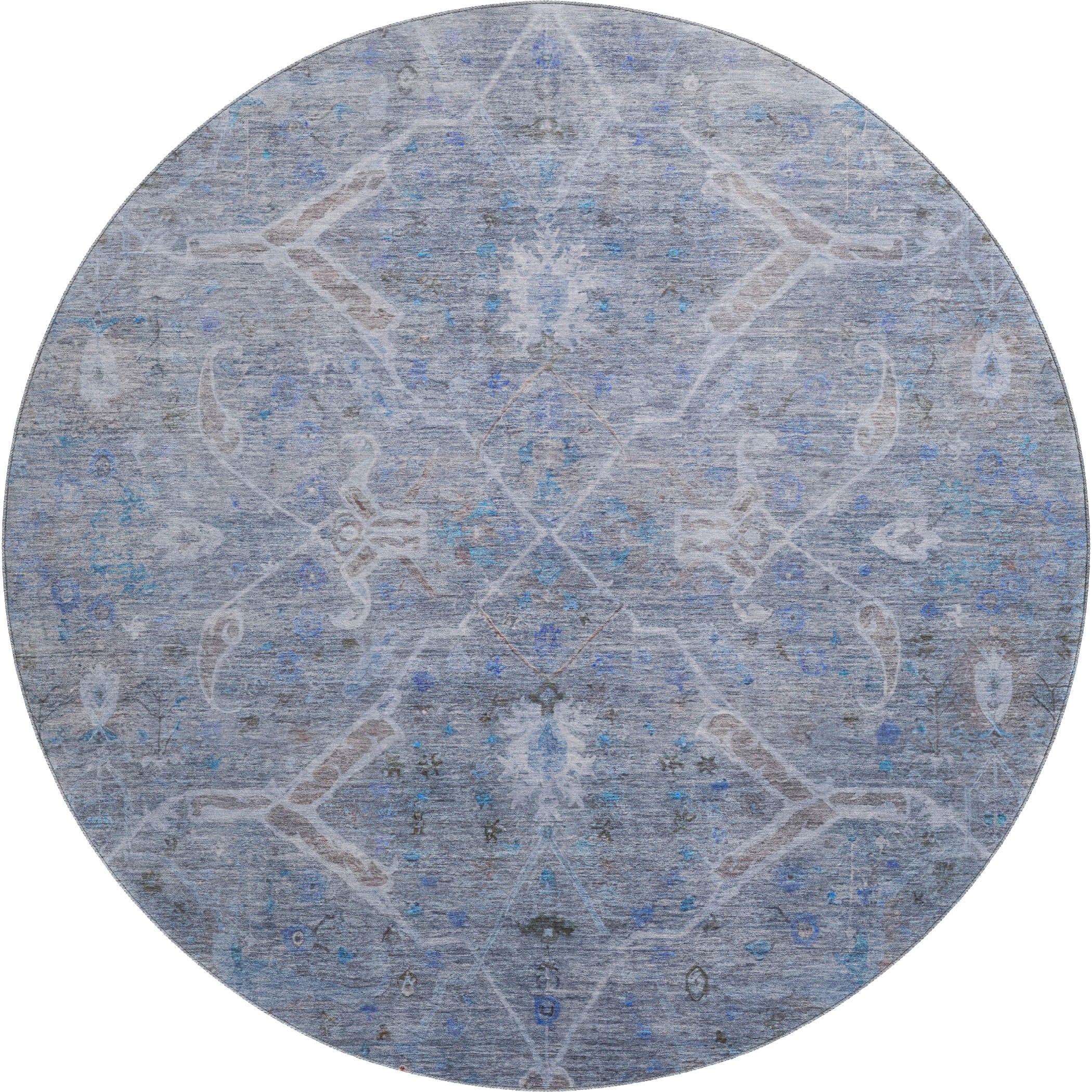 Athens Machine Washable Traditional Blue Rug 8' x 8' #shape_Round