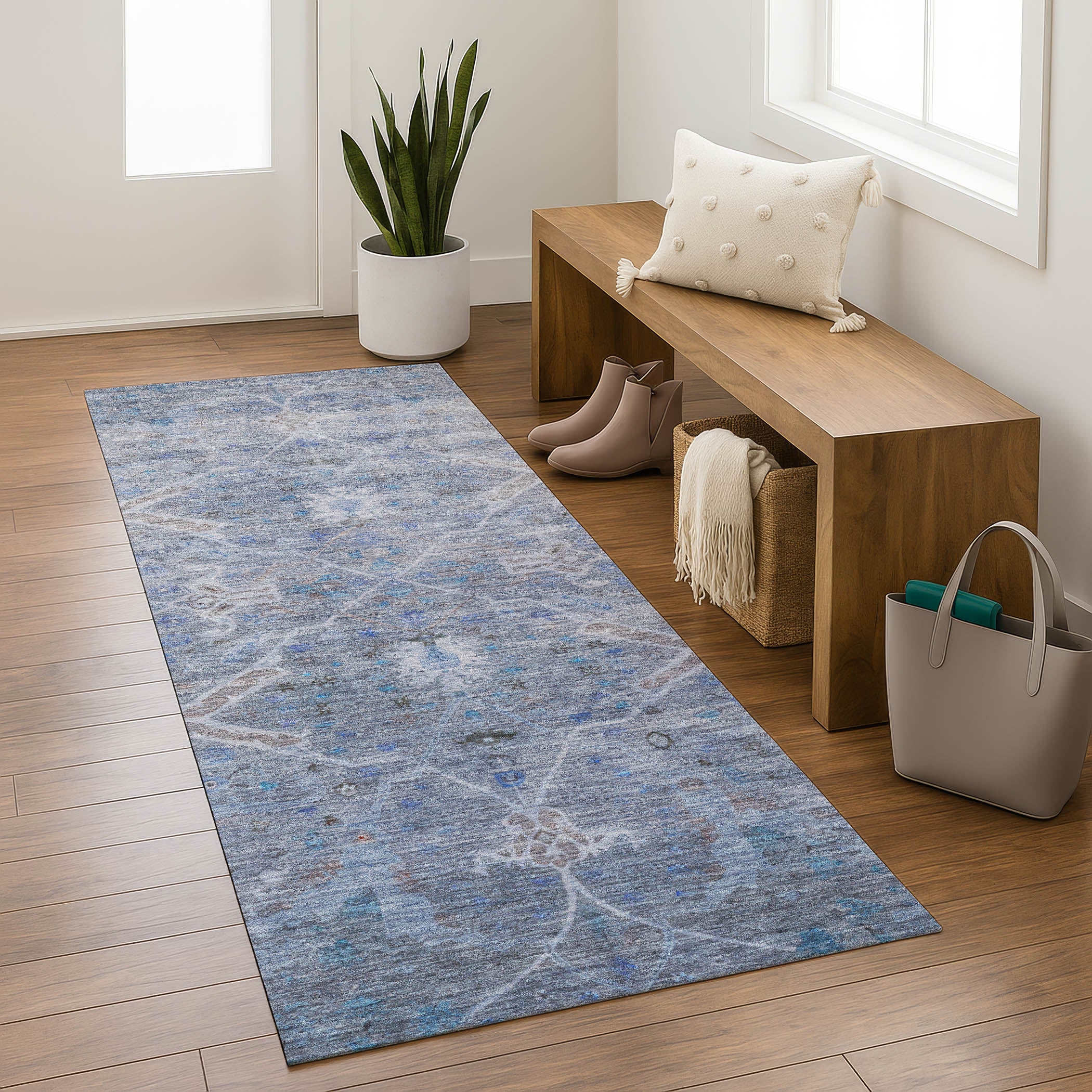 Athens Machine Washable Traditional Blue Rug 2'3" x 7'6" #shape_Runner