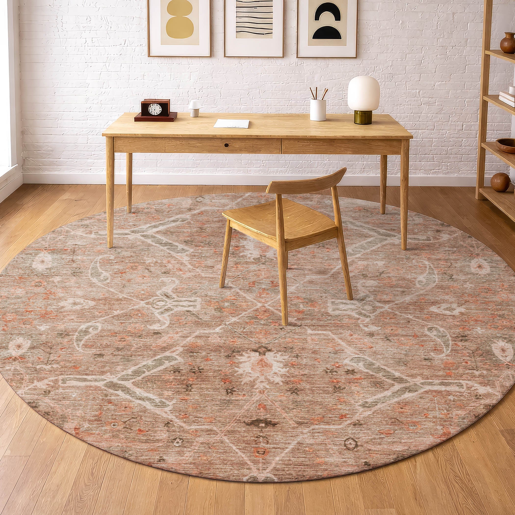 Athens Machine Washable Traditional Coral Orange Rug 8' x 8' #shape_Round