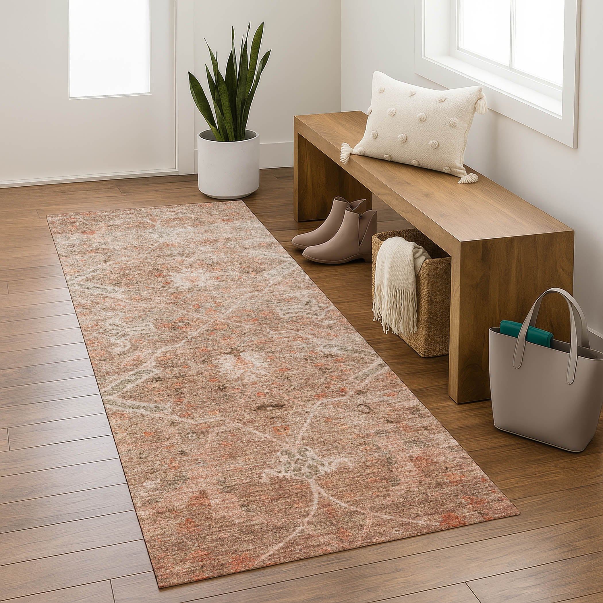 Athens Machine Washable Traditional Coral Orange Rug 2'3" x 7'6" #shape_Runner
