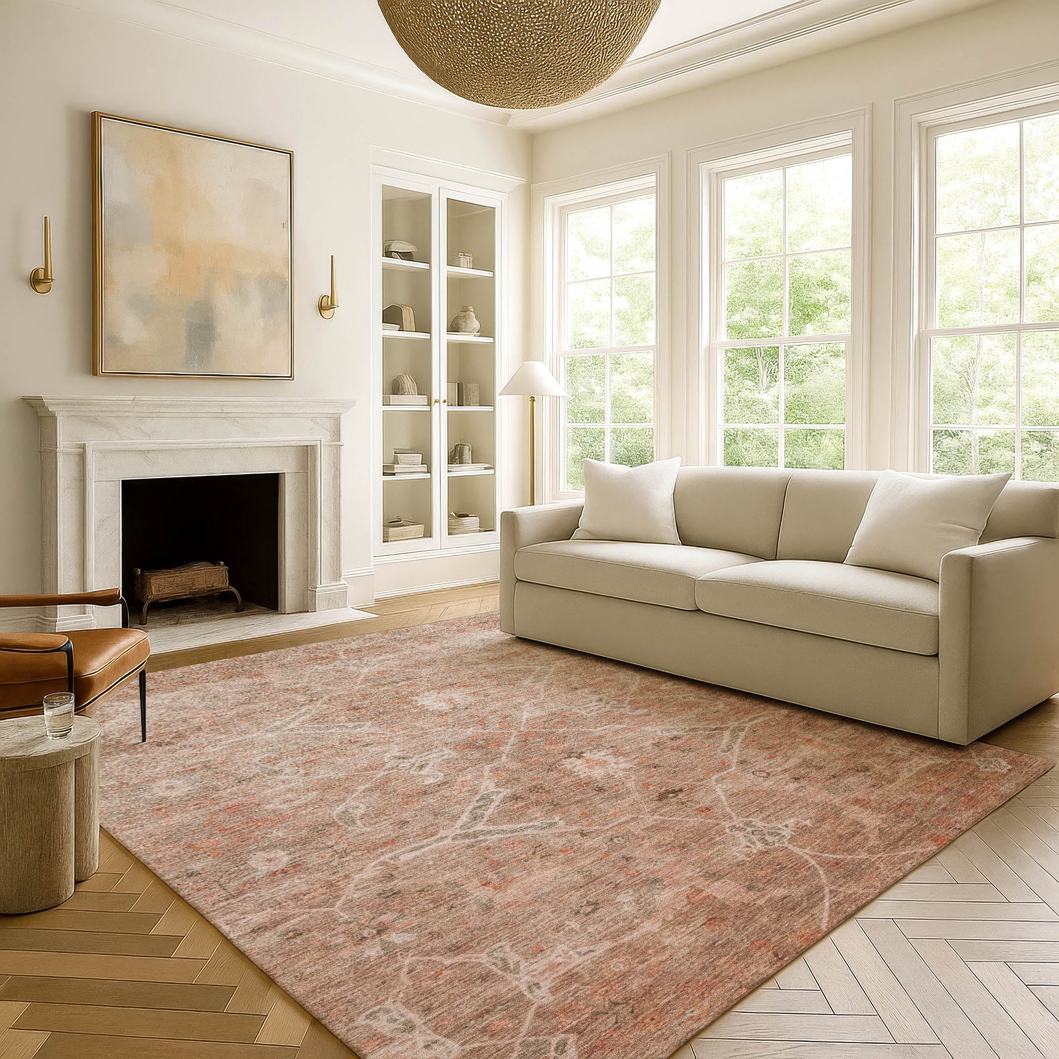 Athens Machine Washable Traditional Coral Orange Rug 3' x 5' #shape_Rectangle