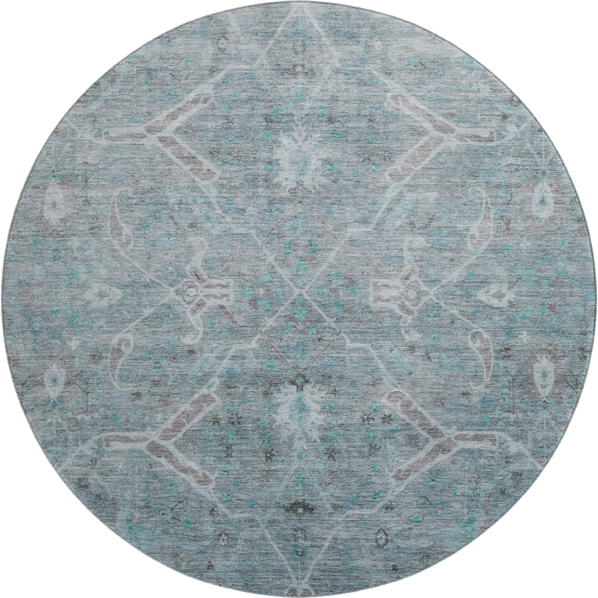 Athens Machine Washable Traditional Teal Rug 8' x 8' #shape_Round