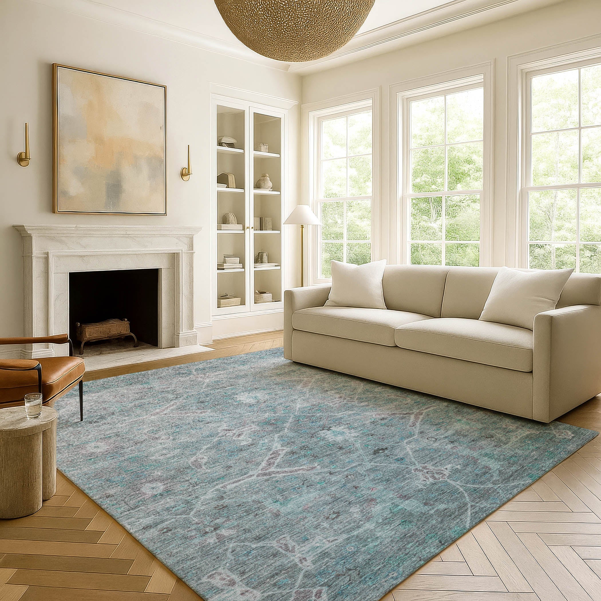 Athens Machine Washable Traditional Teal Rug 3' x 5' #shape_Rectangle