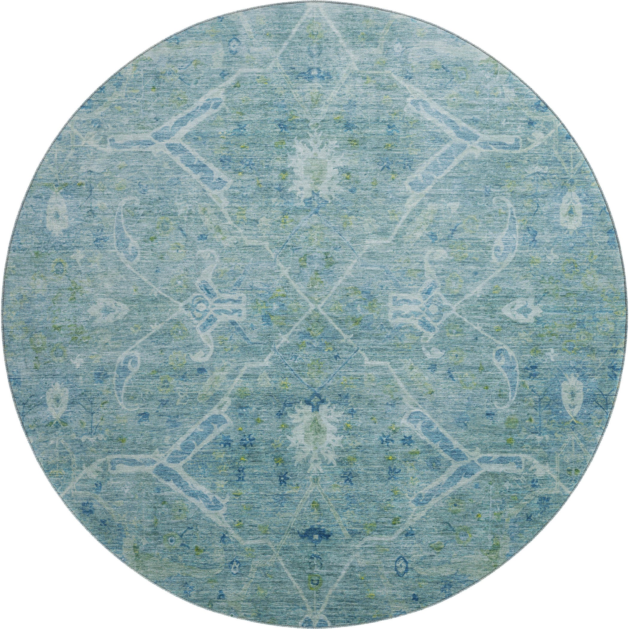 Athens Machine Washable Traditional Turquoise Teal Rug 8' x 8' #shape_Round