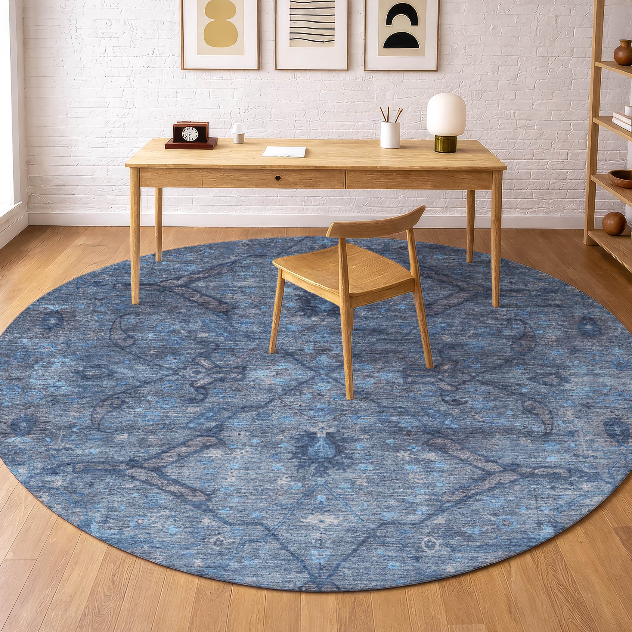 Kyoto Machine Washable Traditional Blue Rug 8' x 8' #shape_Round