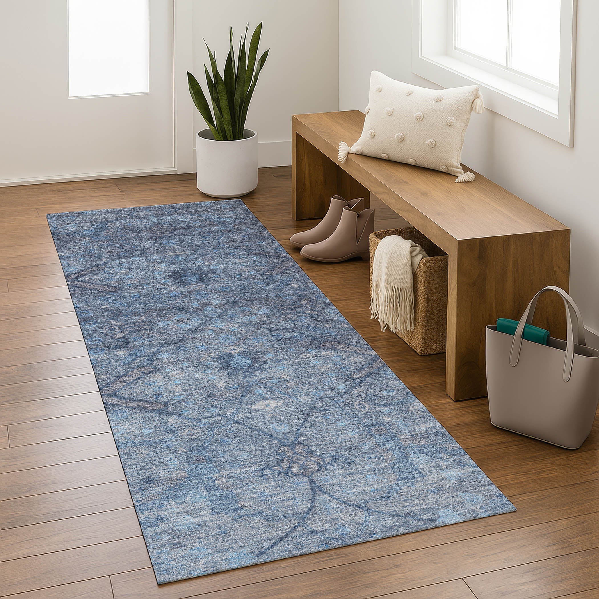 Kyoto Machine Washable Traditional Blue Rug 2'3" x 7'6" #shape_Runner