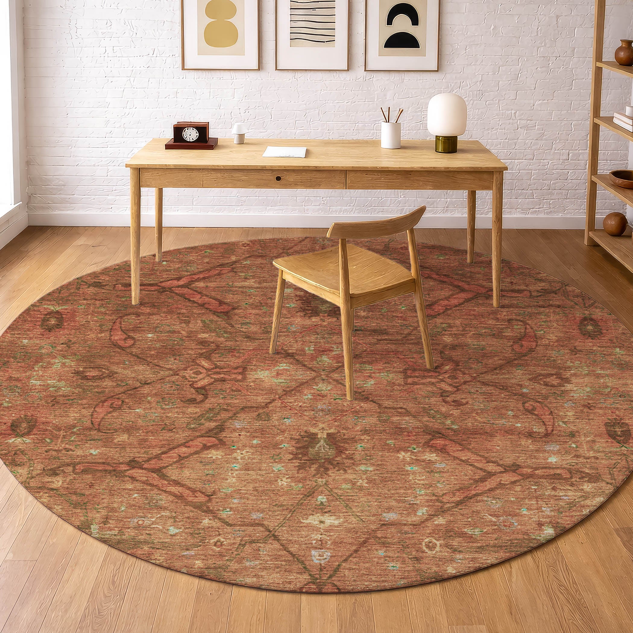 Kyoto Machine Washable Traditional Terracotta Orange Rug 8' x 8' #shape_Round