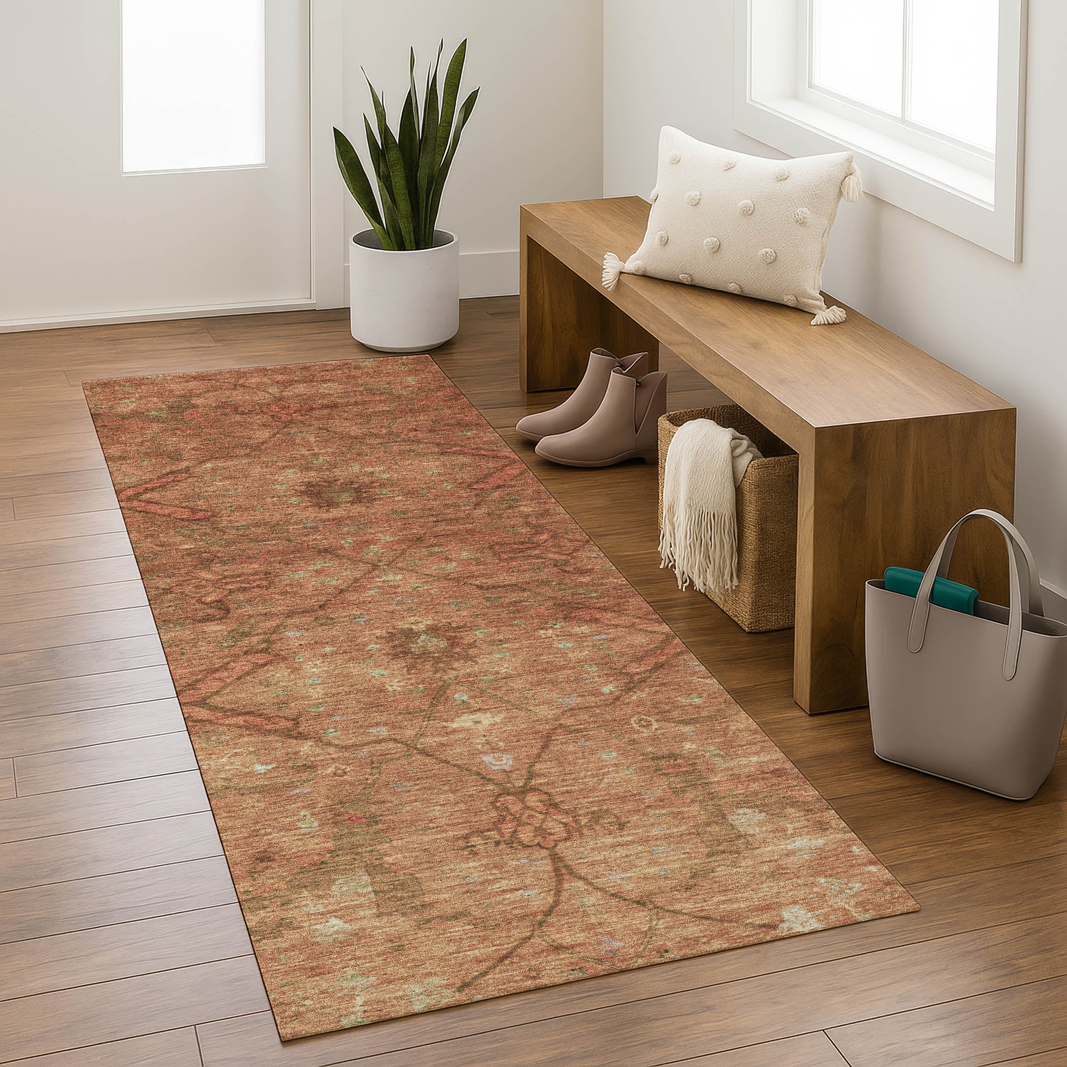 Kyoto Machine Washable Traditional Terracotta Orange Rug 2'3" x 7'6" #shape_Runner