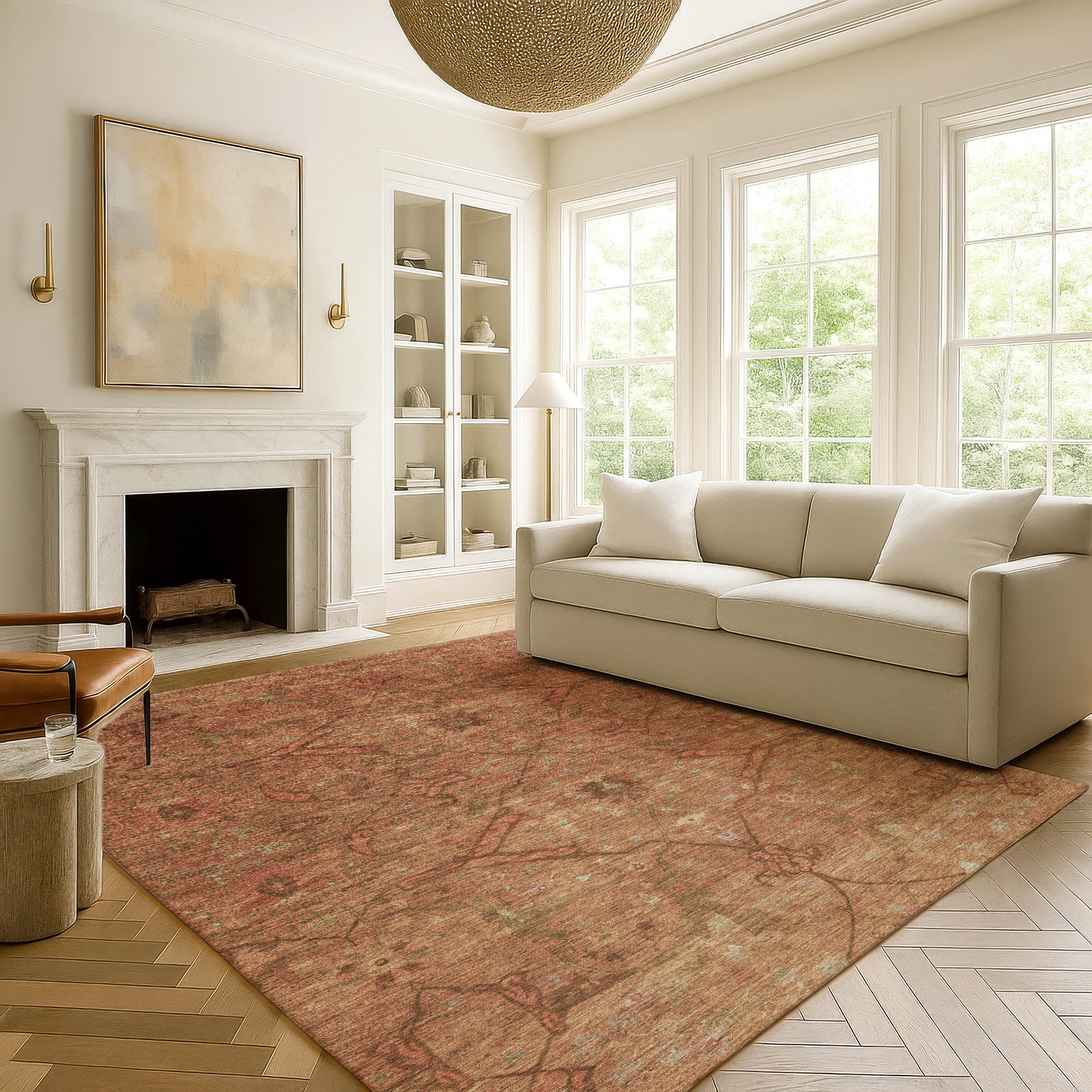 Kyoto Machine Washable Traditional Terracotta Orange Rug 3' x 5' #shape_Rectangle