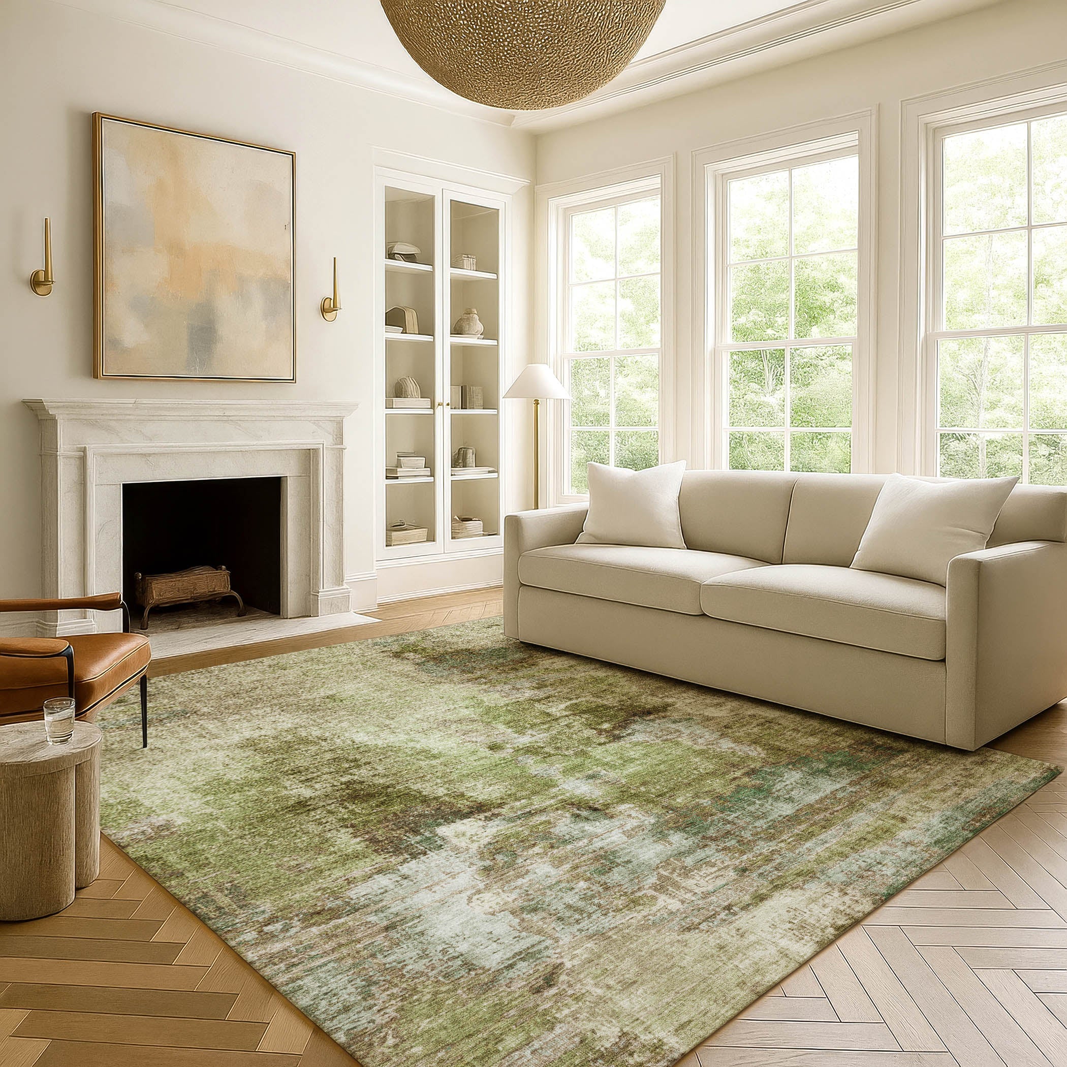 Seoul Machine Washable Transitional Aloe Green Rug 3' x 5' #shape_Rectangle