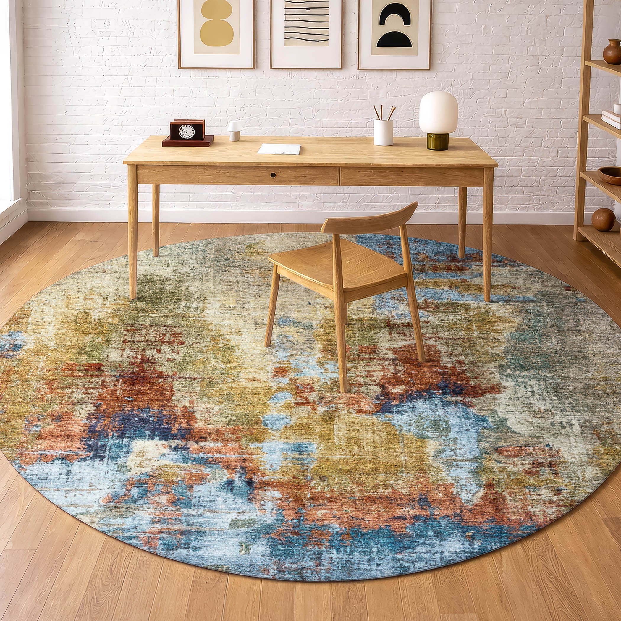 Seoul Machine Washable Transitional Beige Brown Rug 8' x 8' #shape_Round