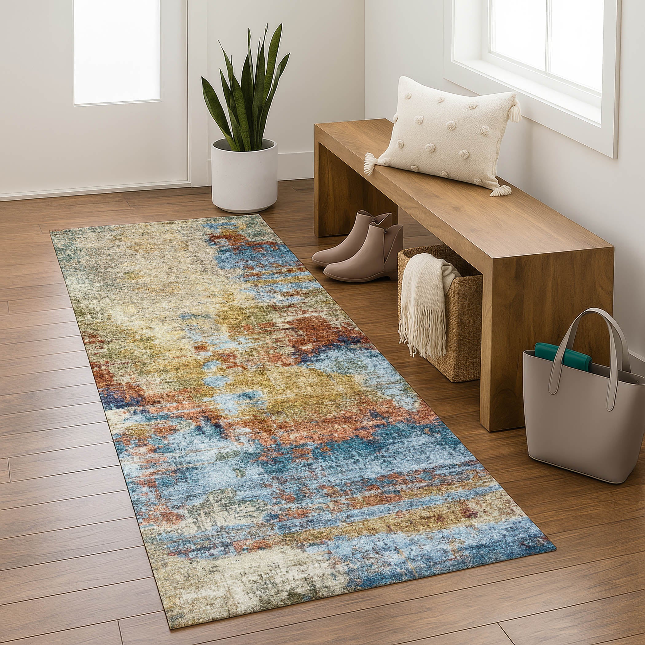 Seoul Machine Washable Transitional Beige Brown Rug 2'3" x 7'6" #shape_Runner