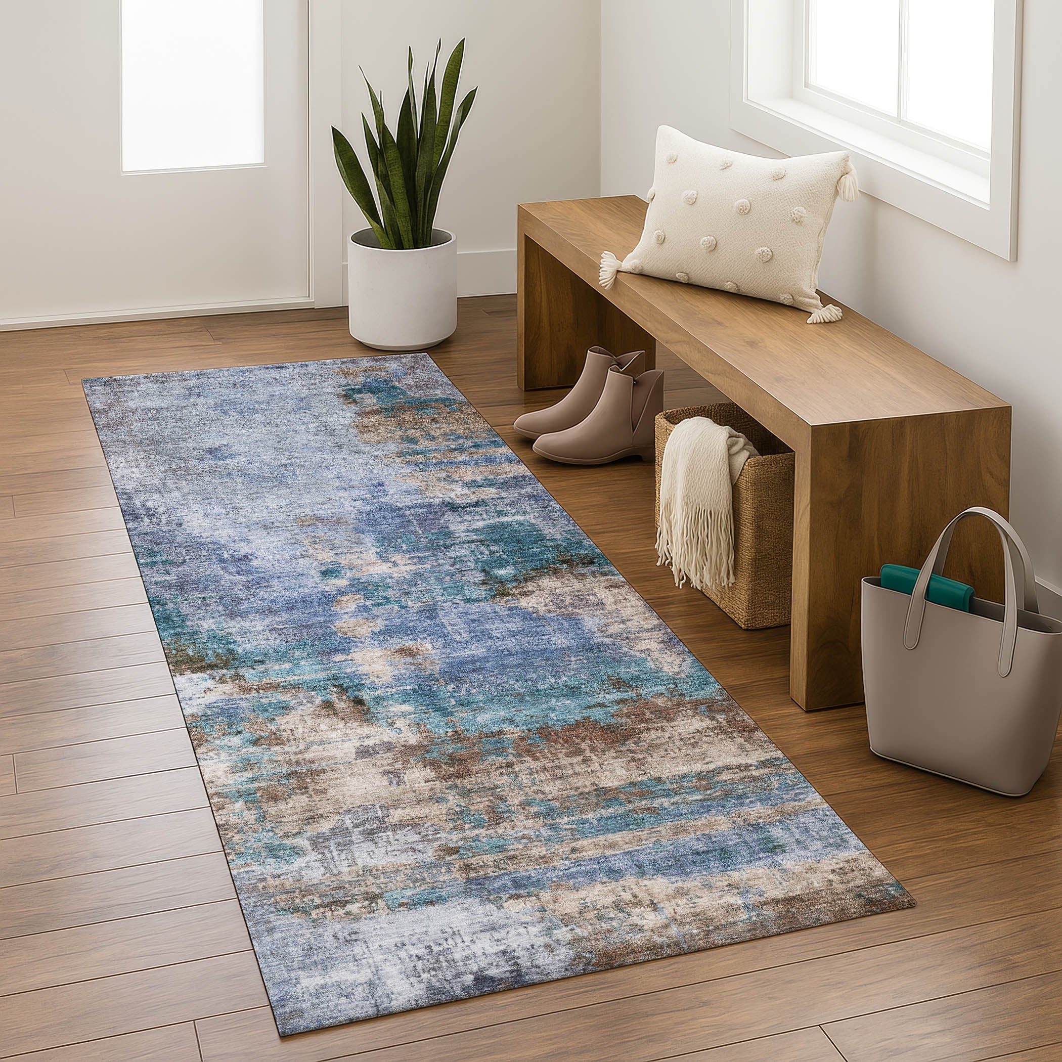 Seoul Machine Washable Transitional Blue Rug 2'3" x 7'6" #shape_Runner