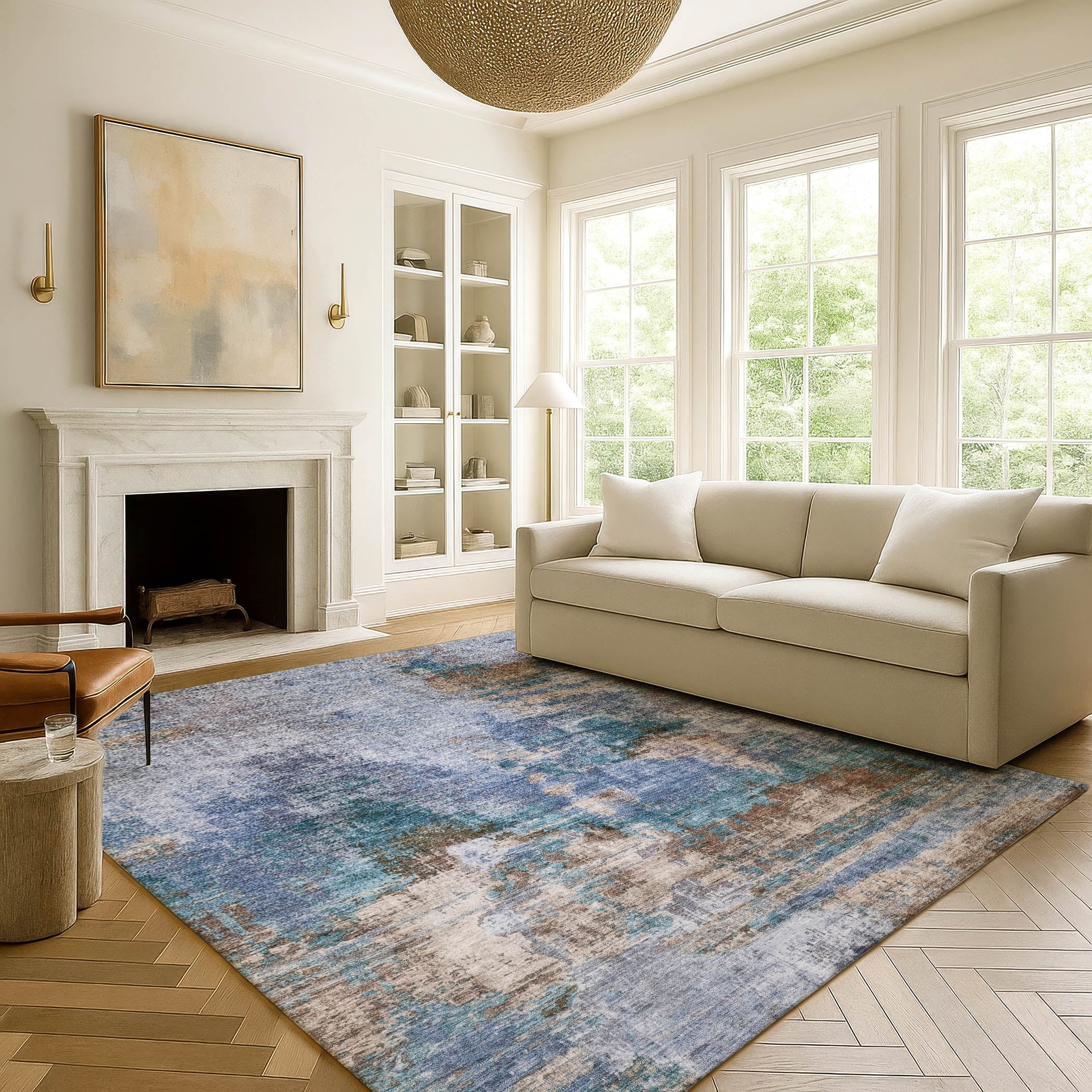 Seoul Machine Washable Transitional Blue Rug 3' x 5' #shape_Rectangle