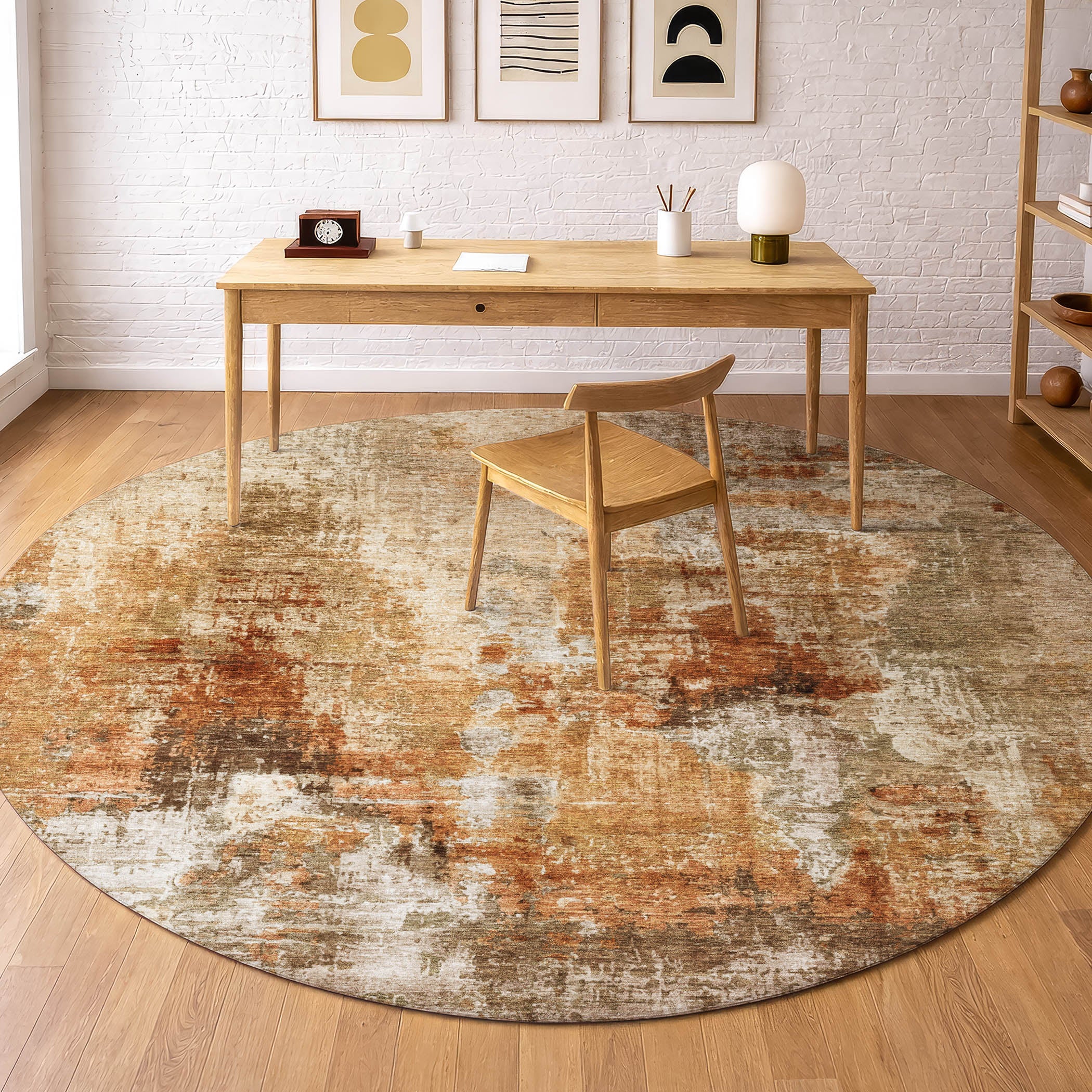 Seoul Machine Washable Transitional Copper Orange Rug 8' x 8' #shape_Round