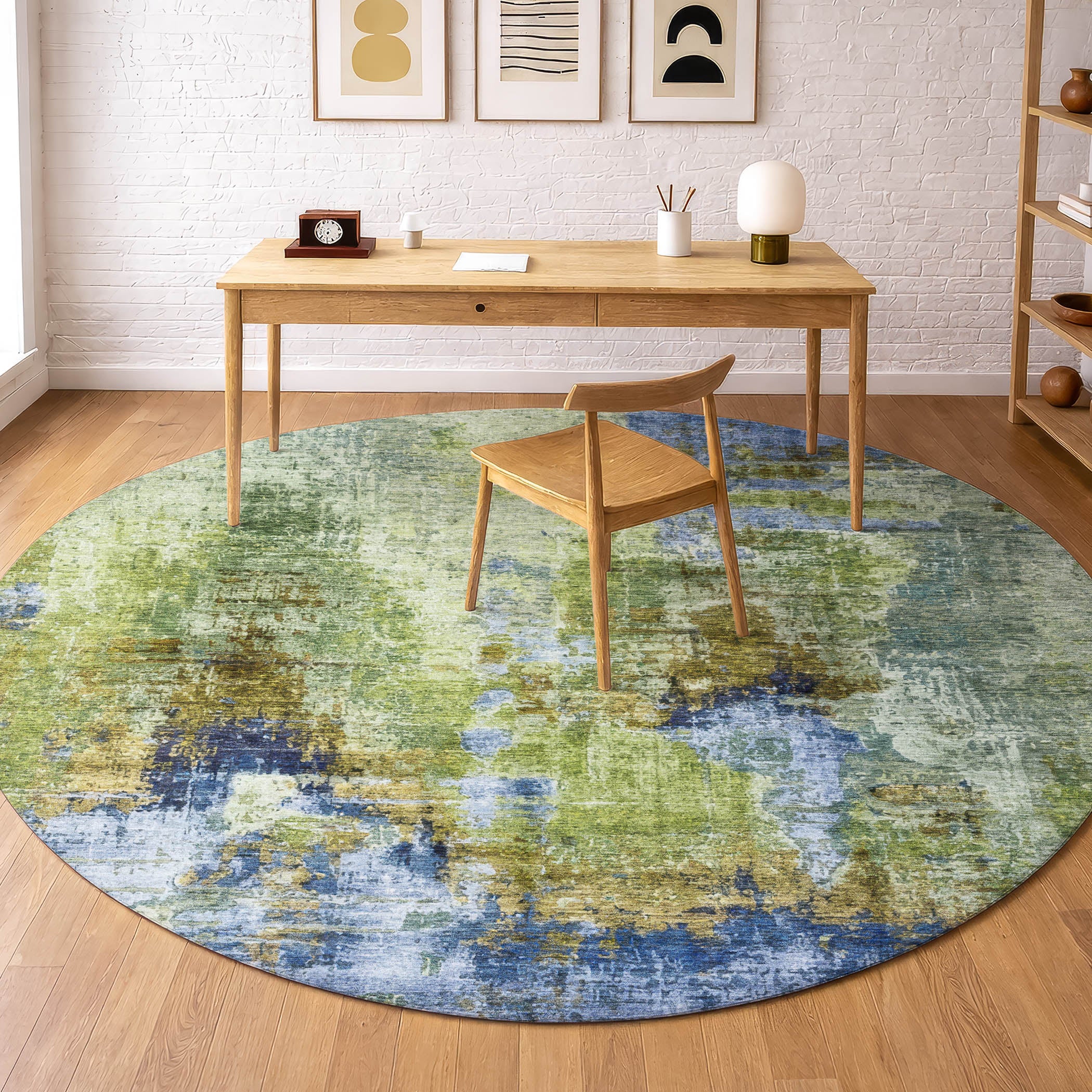 Seoul Machine Washable Transitional Green Rug 8' x 8' #shape_Round