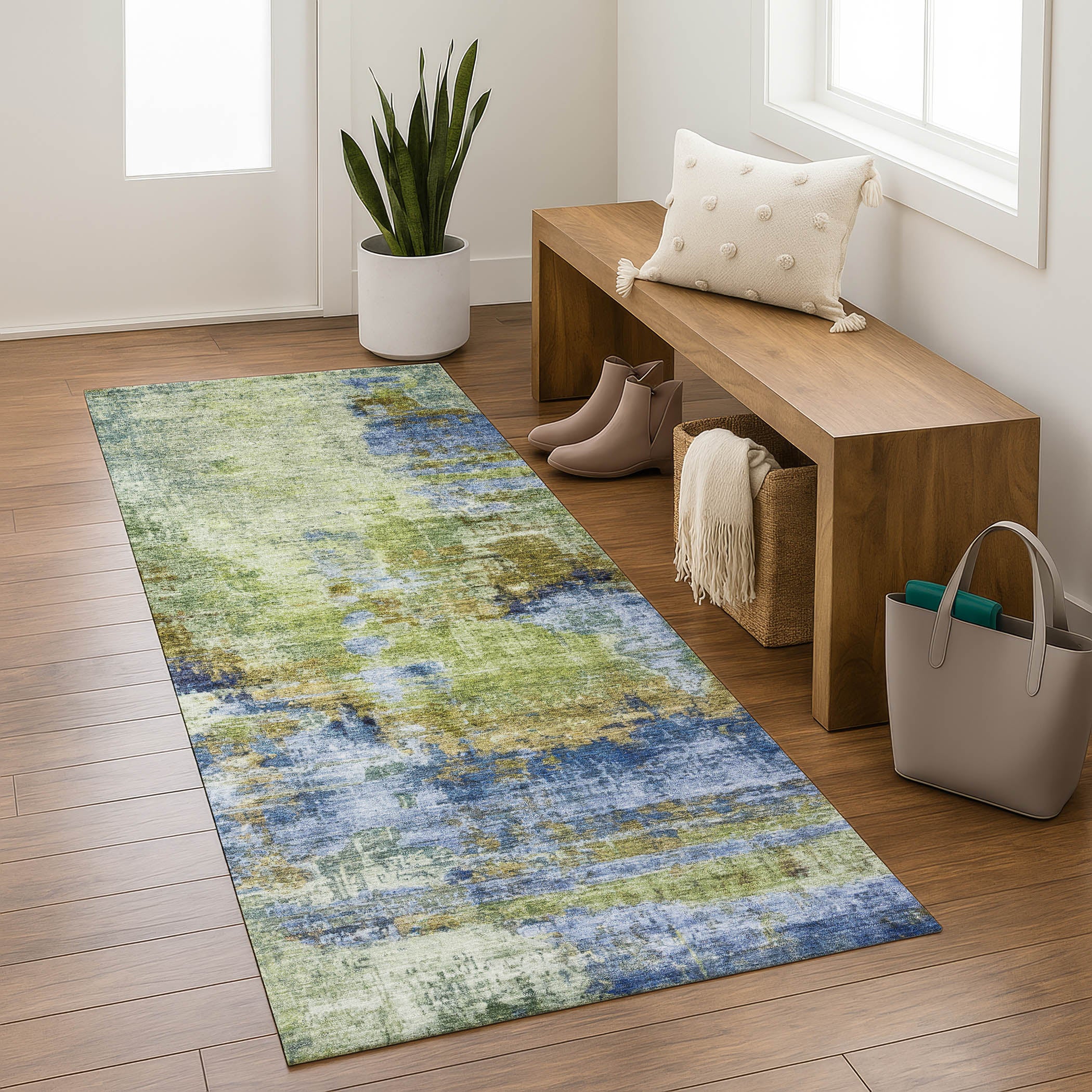 Seoul Machine Washable Transitional Green Rug 2'3" x 7'6" #shape_Runner