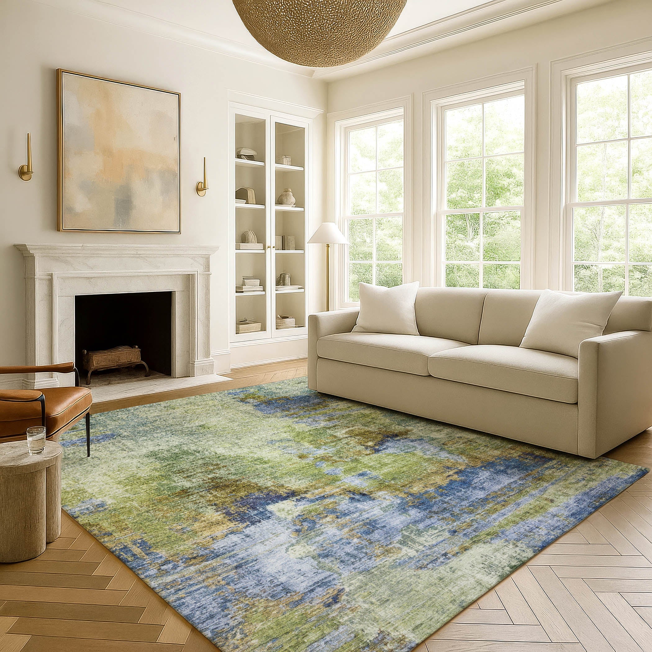 Seoul Machine Washable Transitional Green Rug 3' x 5' #shape_Rectangle
