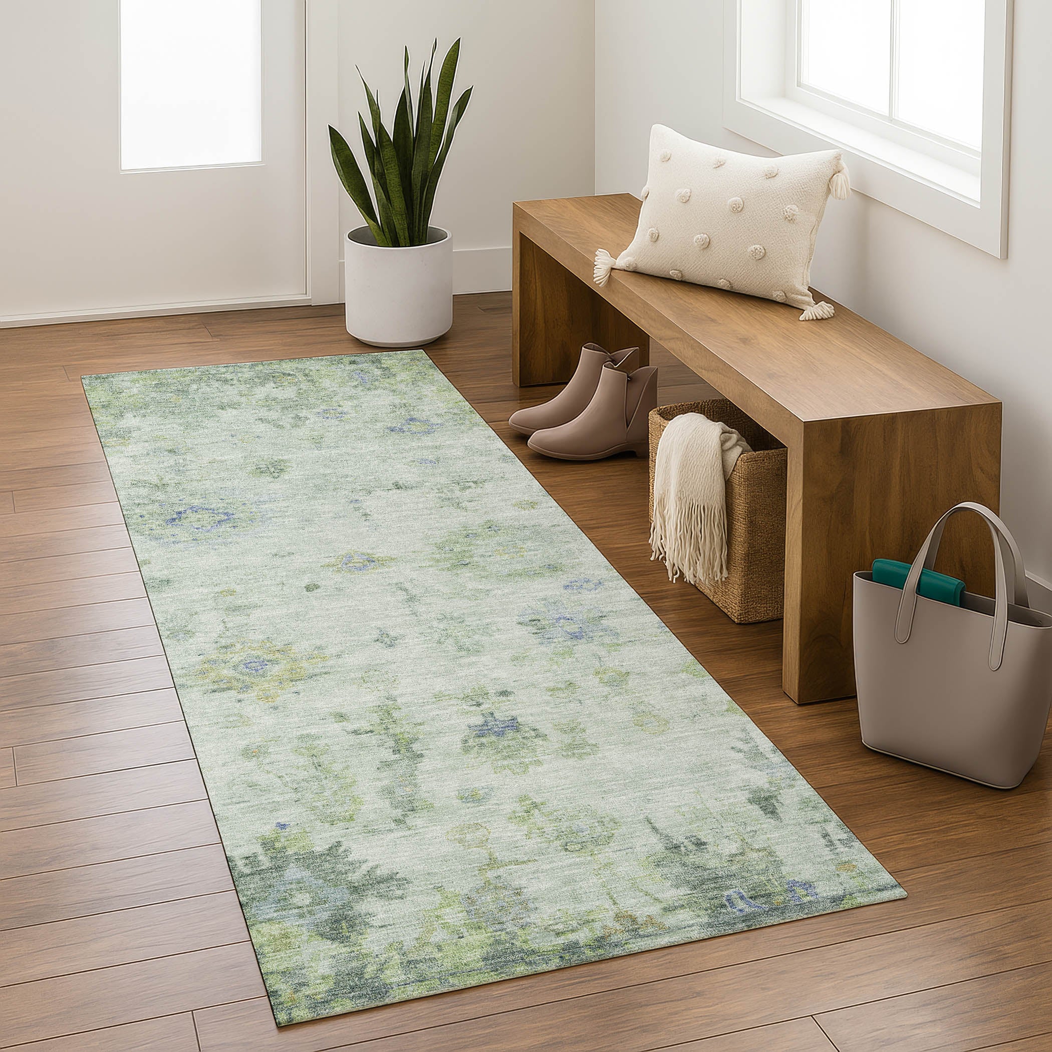 Sintra Machine Washable Traditional Aloe Green Rug 2'3" x 7'6" #shape_Runner