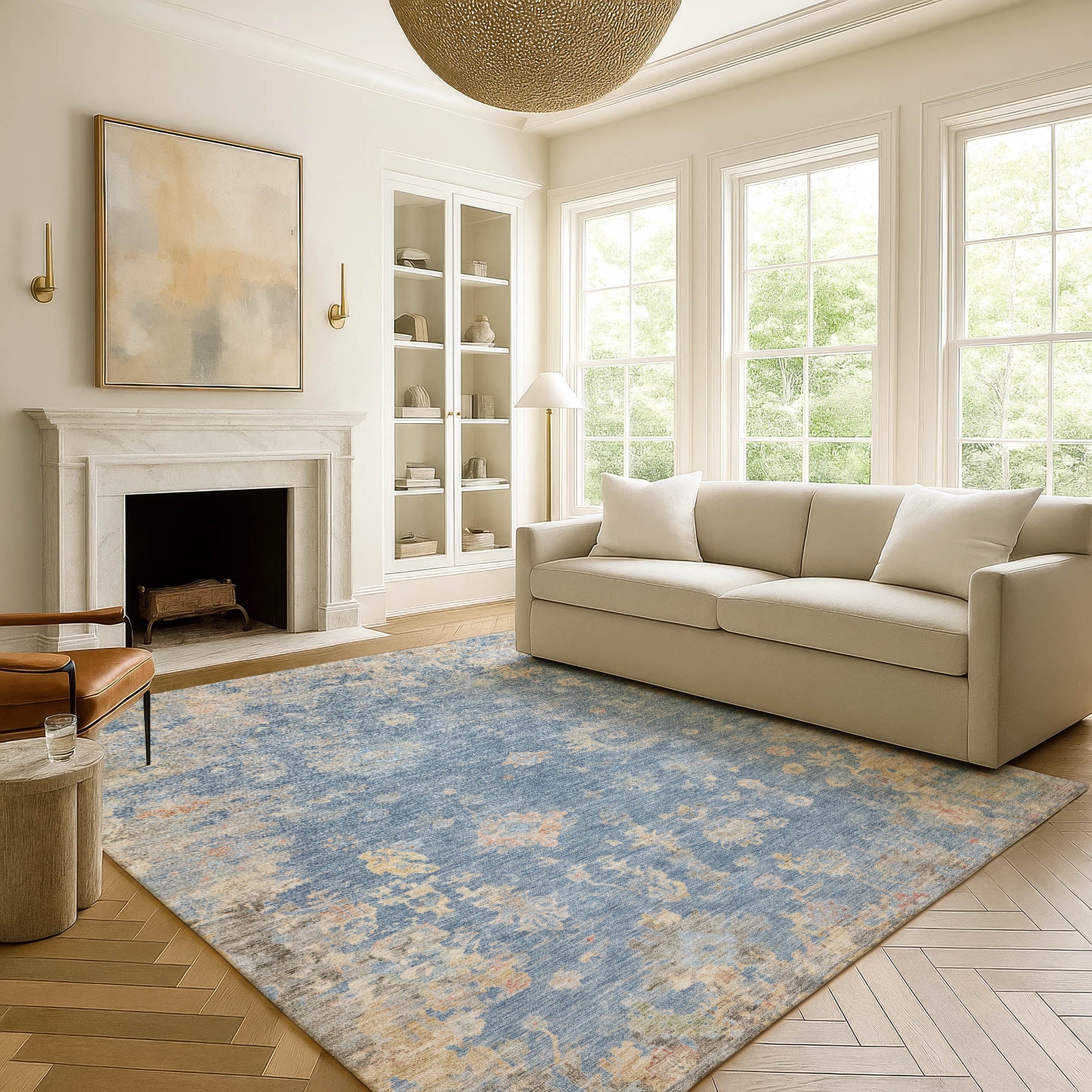 Colombo Machine Washable Traditional Blue Rug 3' x 5' #shape_Rectangle