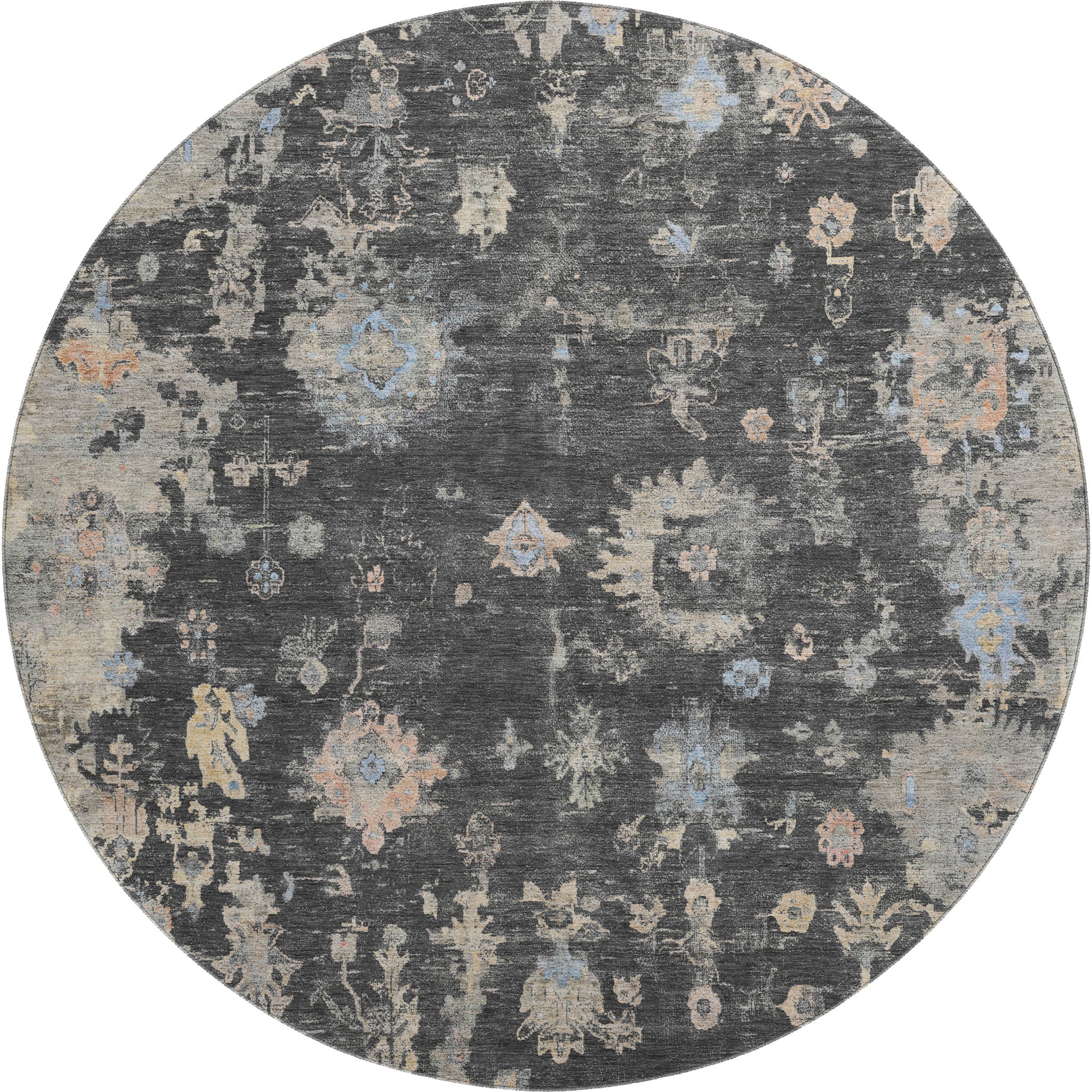 Colombo Machine Washable Traditional Charcoal Gray Rug 8' x 8' #shape_Round